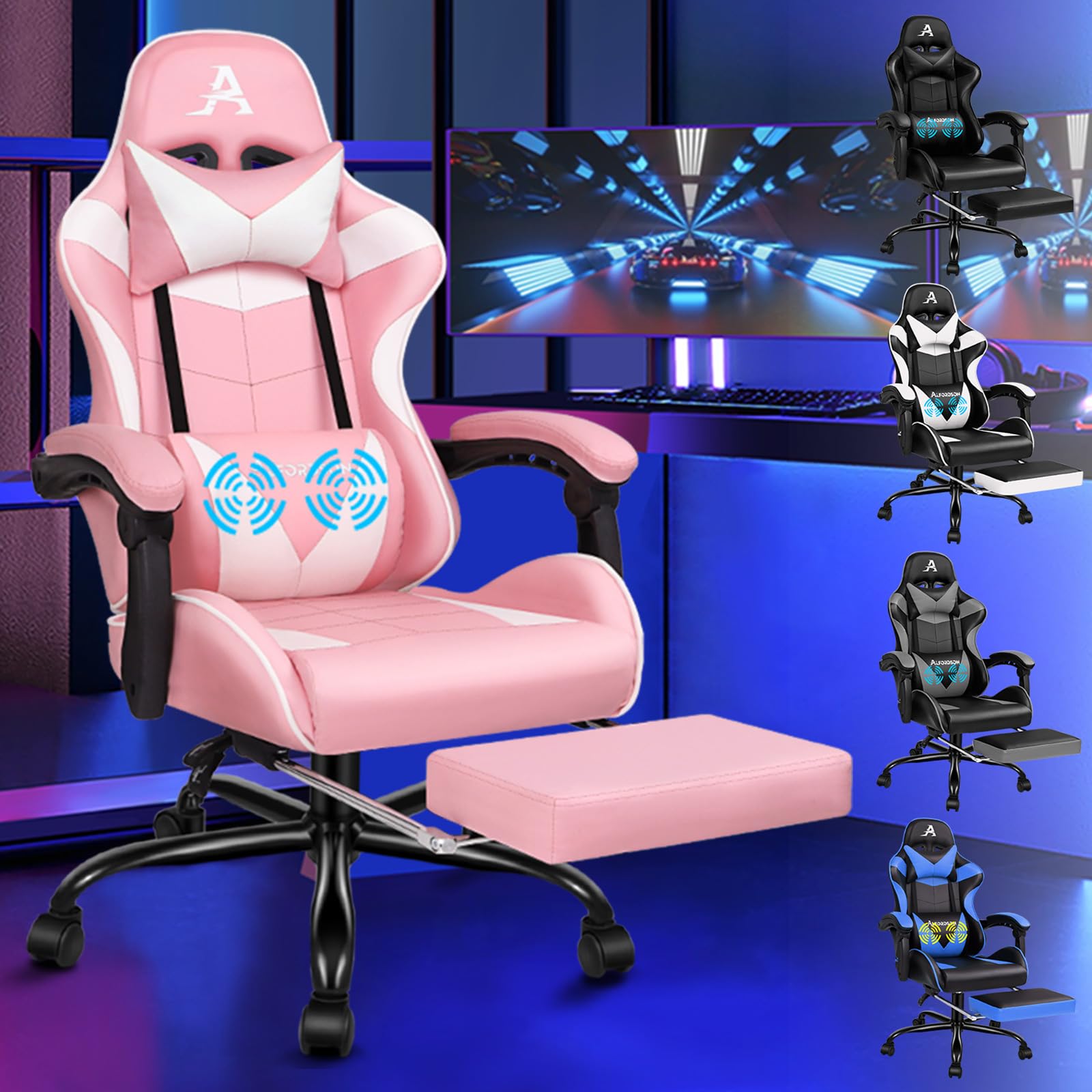 ALFORDSON Silla para Videojuegos, Silla de Escritorio de Oficina ergonómica, Silla de Carreras con Masaje, reposapiés retráctil, Cuero de PU, Altura Ajustable y reclinable, Capacidad de 180kg Rosa