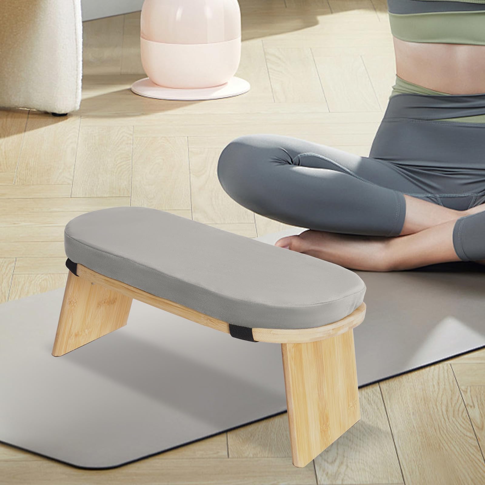 MINRS Banc de méditation pliable en bois avec coussin - Tabouret de prière ergonomique pour s'agenouiller et s'asseoir - Méditation plus profonde et plus longue - Gris