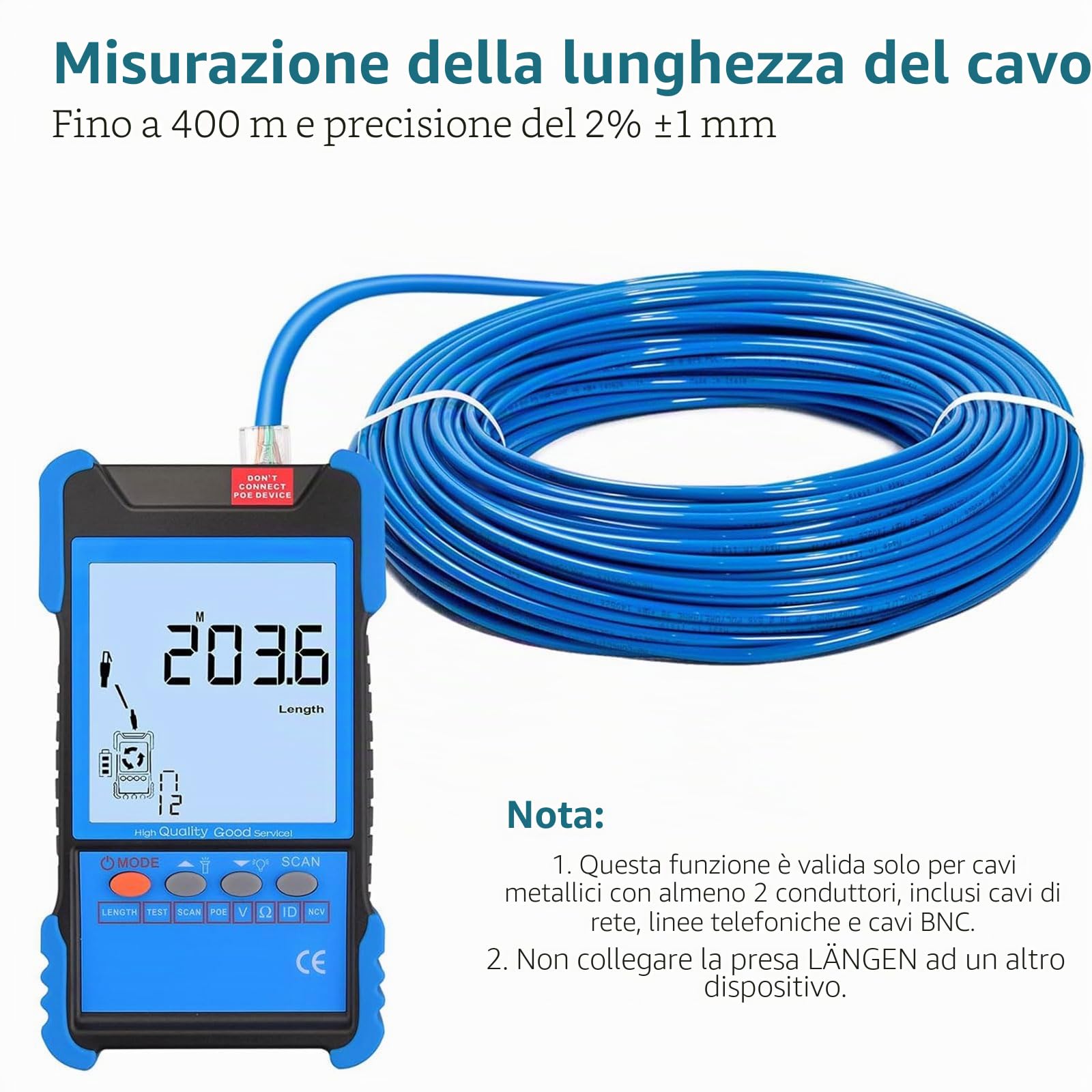 Tester di Cavi Rete PoE e NCV Multifunzione con Localizzatore di Cavi,Scansione Digitale 3 Modalità Display LED Reperimento Cavi Sotterranei CAT5 CAT6 CAT7 CAT8