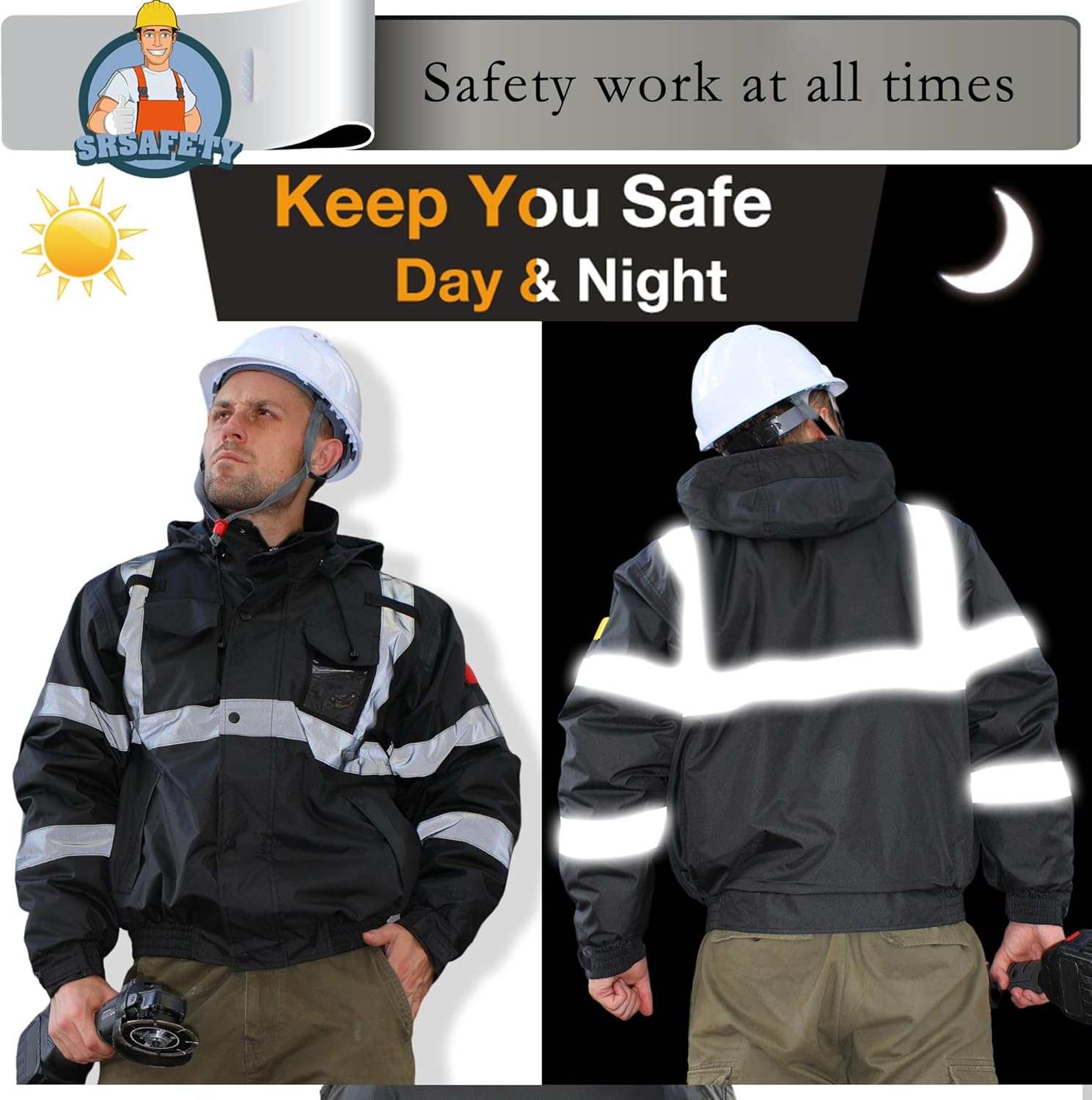 SRsafety High Visibility Safety Jacket,Reflective Waterproof Jacket with Black bottom,Construction Work Jacket for Men/Women