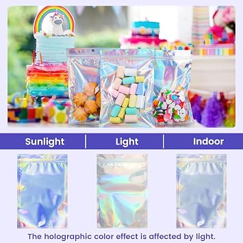 VGOODALL 15PCS Holographic Mylar Bags, Resealable Bags Smell Proof Iridescent Freshie for Party Favor Food Storage 6 x 9 Inch