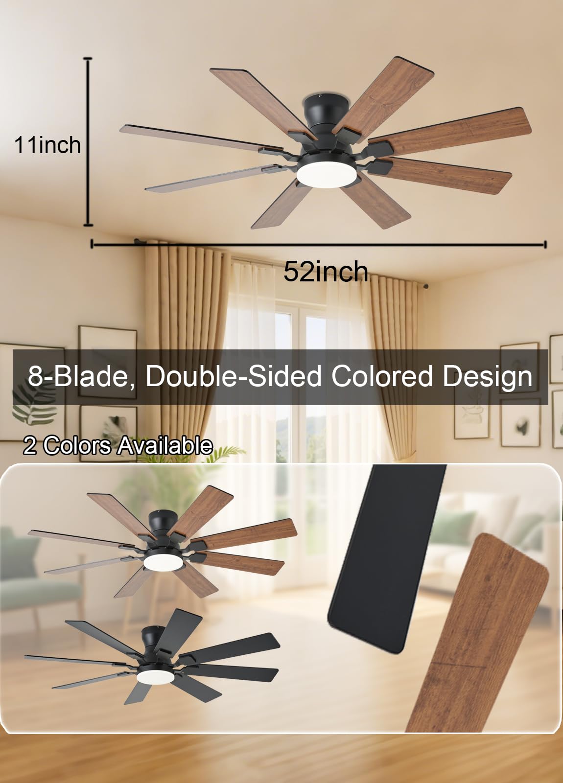 52 inch Ceiling Fan with Light 6 Speeds Reversible Low Profile Ceiling Fan with Light and Remote APP — view 3