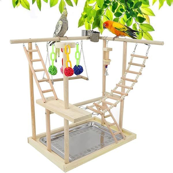 RoseFlower Perchoir en Bois pour perroquets,Terrain de Jeu pour Perroquet Échelles, Plateau et mangeoires - Accessoire de Cage pour cacatoès - Aire de Jeu pour Oiseaux,D:54.5 * 48 * 33CM - 1