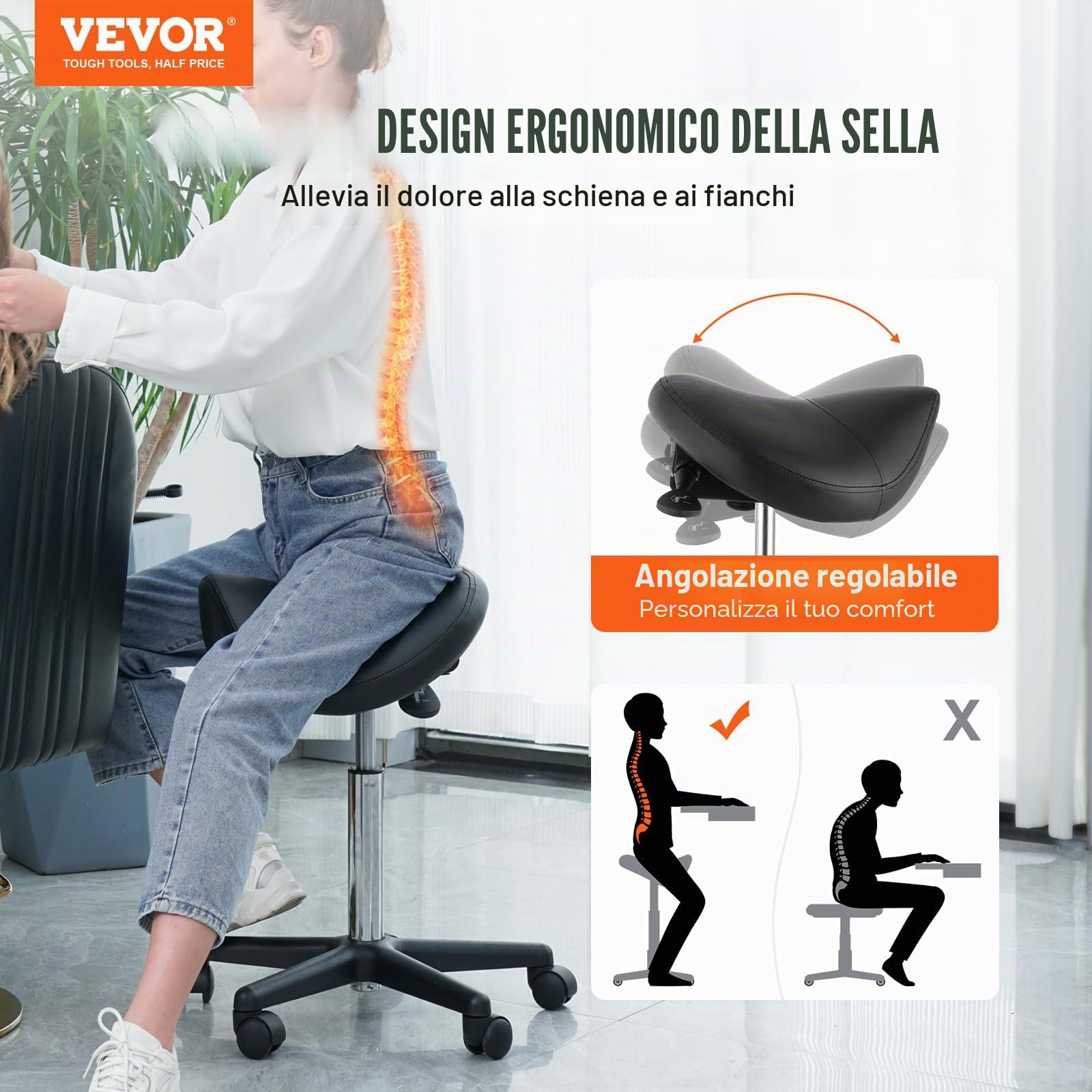 VEVOR Sgabello a Sella Altezza Regolabile 510-710mm Senza Schiena Capacità Carico Max. 181kg per Ufficio Salone Studio Parruccheria, Sedia a Rotella da Lavoro Girevole 540 x 540 x 510 mm per Ufficio