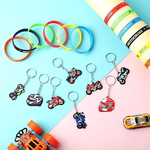 Miniatura 4 de Aoriher 48 pulseras de goma para motocross, 24 pulseras de goma para motocross, 24 llaveros de motocicleta, rellenos de bolsas de regalos de