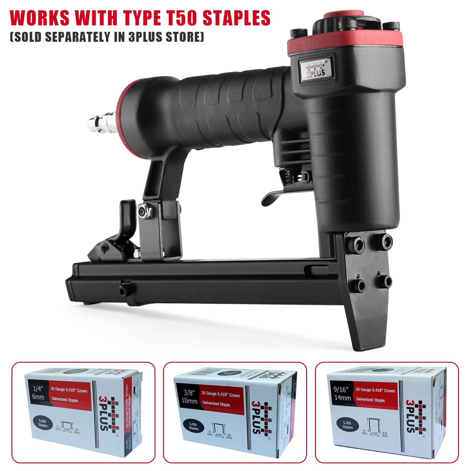 3PLUS HT5014SP Pneumatic 20 Gauge Stapler, T50 Upholstery Stapler, 1/4-Inch to 9/16-Inch
