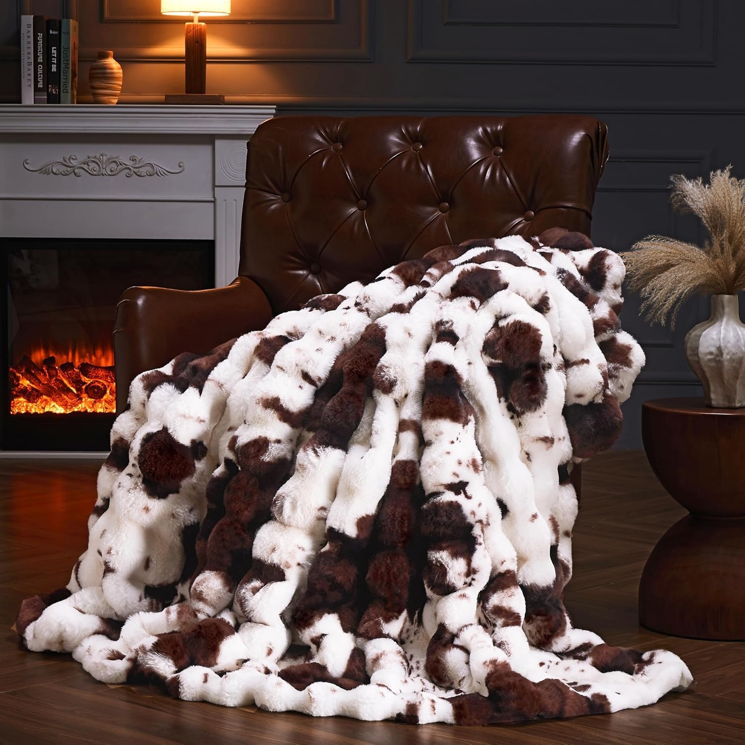 YBIKE Faux Rabbit Fur Throw Blanket, Fuzzy Soft Plush Bubble Blanket 200 x 150cm, Luxury Warm Reversible Decorative Blanket for Bed, Sofa, Couch, Armchairs (Brown Cow) — image 1