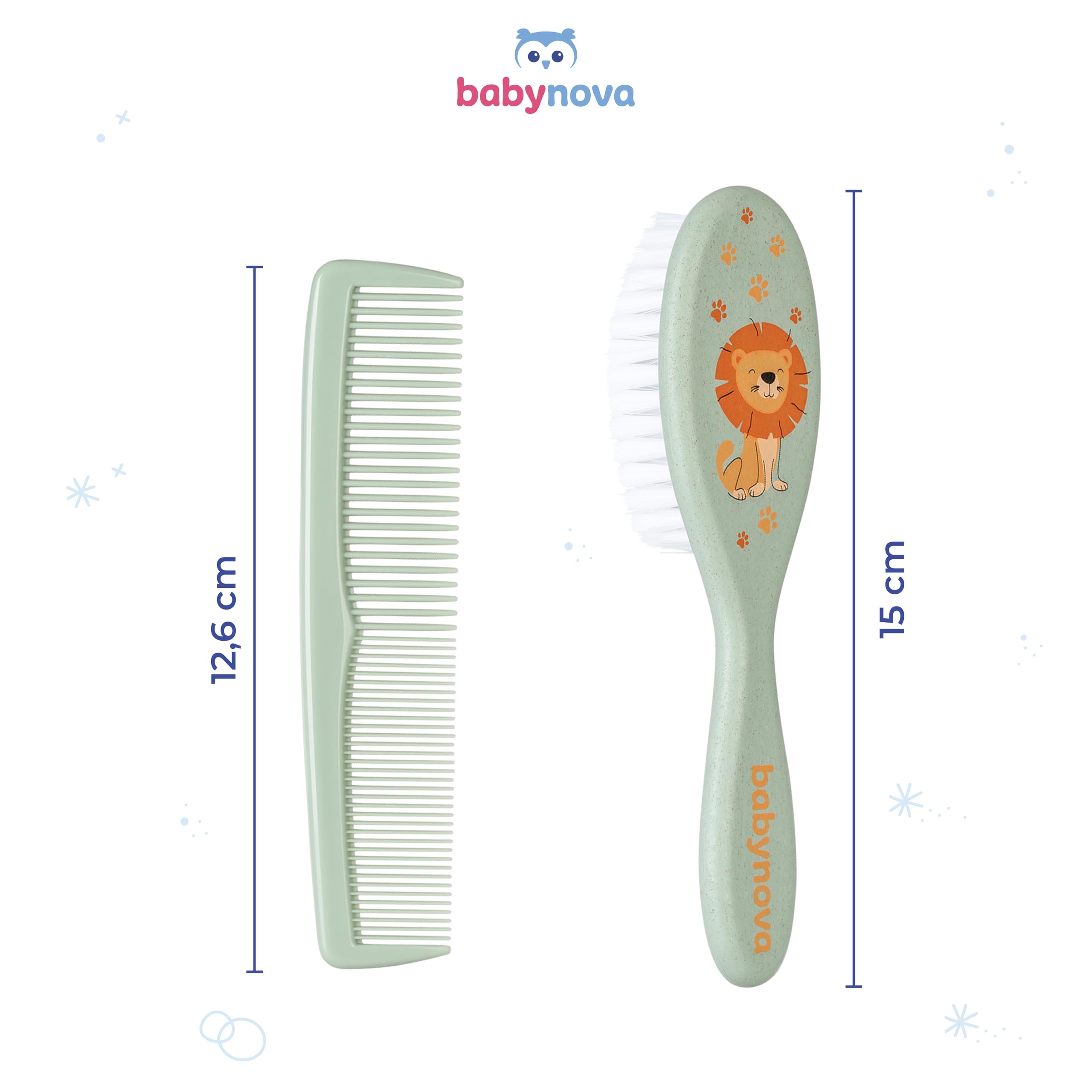 babynova Set Pettine & Spazzola – Set Cura dei Capelli con Setole in Nylon Naturale Ultra Morbide per Bambini & Neonati – Cura Delicata per Cuti Sensibili – Senza BPA – Verde leone