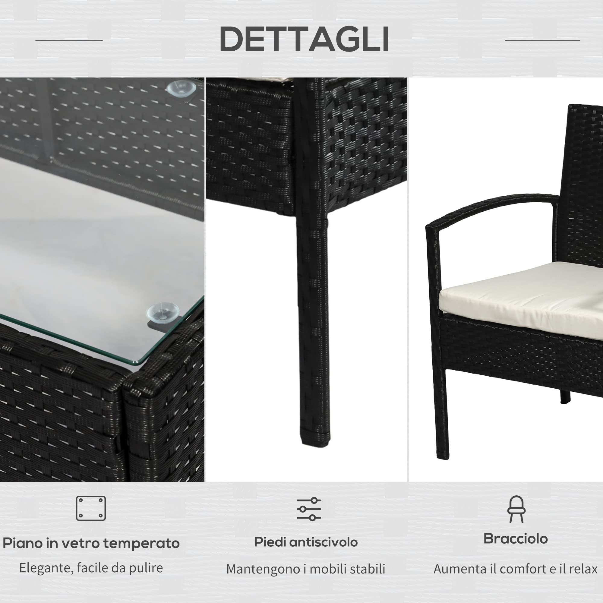 Outsunny Set da Giardino 4 Pezzi in Rattan PE, Salotto da Giardino con Tavolino da Giardino 75x40x38 cm, 2 Poltroncine 57x60x77 cm e Divano 2 posti 108x60x77 cm, Nero e Crema