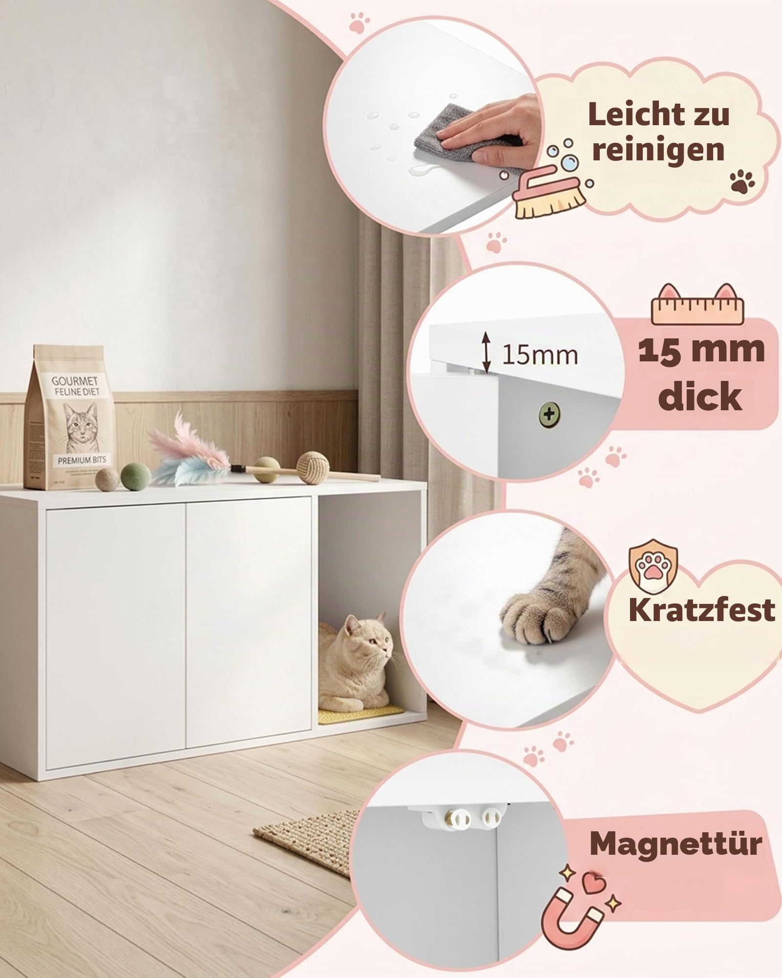 Katzenschrank für Katzentoilette Schrank (80x50x50cm), Katzenkloschrank XXL Katzenhaus Holz, Verstecktes Katzenklo Schrank Möbel mit Kratzmatte & Push-to-Open Türen