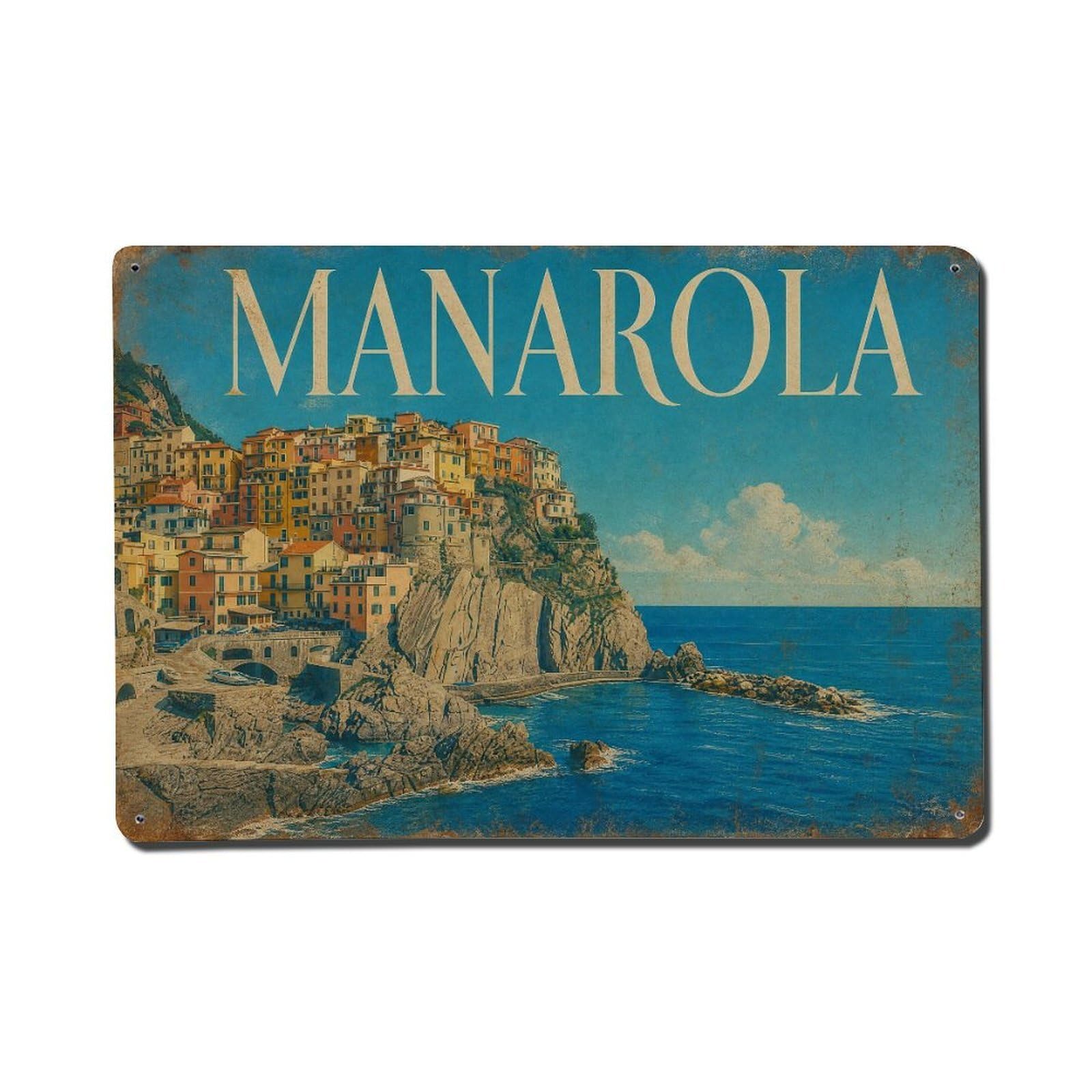 Vintage Travel Manarola Mediterranean Sea Azure Waters Metal Tin Sign