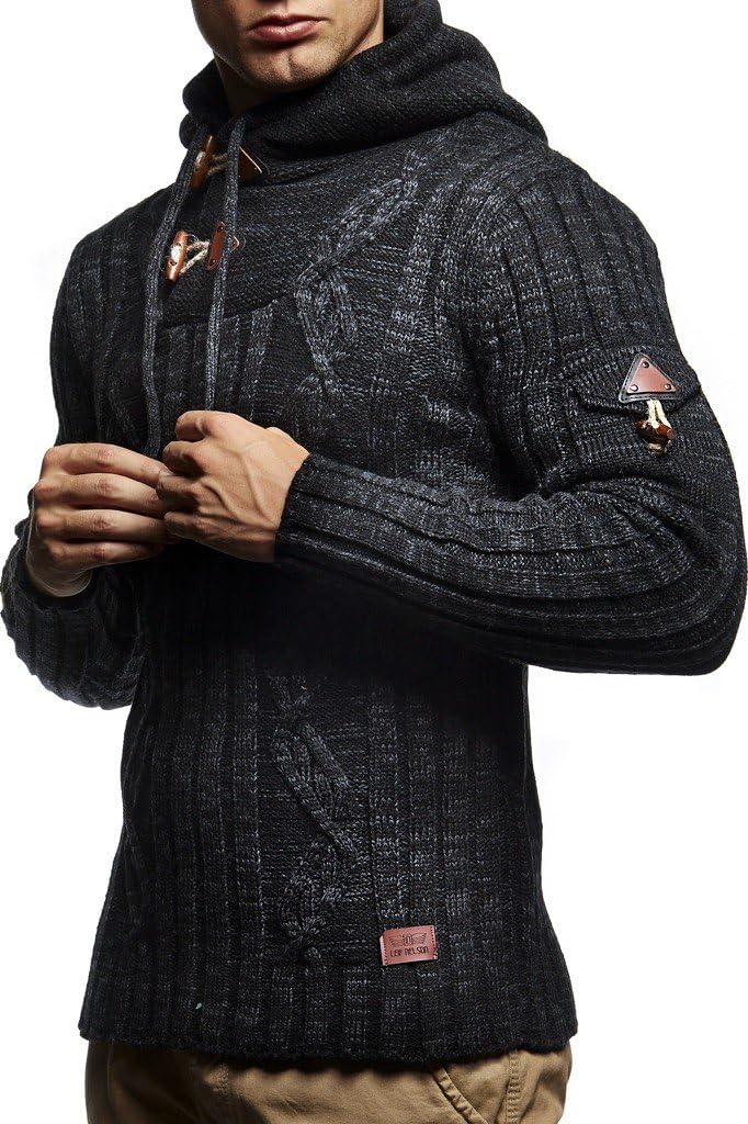 Leif Nelson Slim Pullover Sweaters for Men with Hoodie - Men's Knitted Sweater Small Black Anthracite