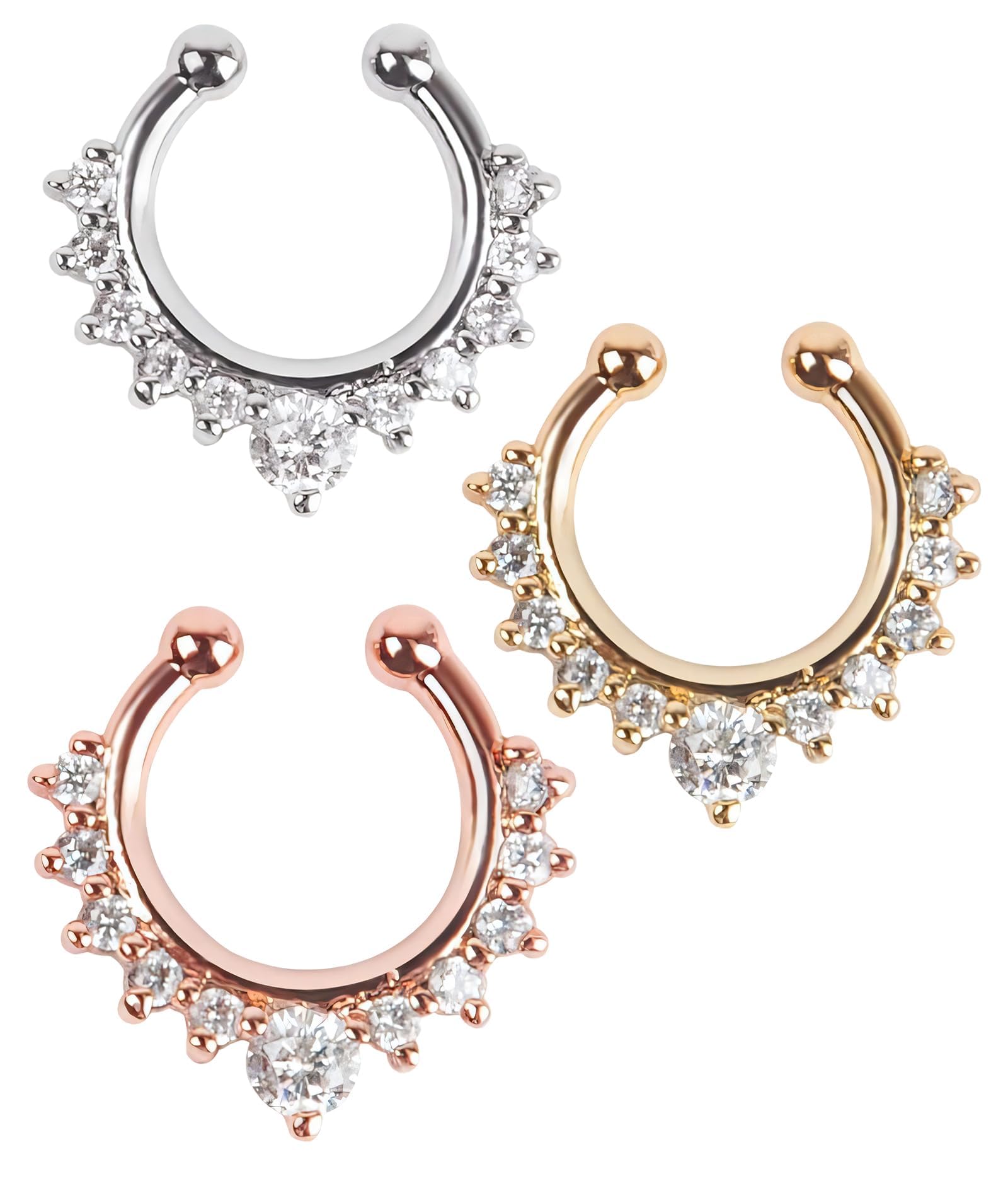 3 Pcs Nose Rings, Fashionable Double Row Diamond Nose Clip, C-Bar Horseshoe Shaped Nostril Jewelry, Nose Pins for Women, Fake Nose Ring with Piercing, Septum Nose Ring for Women