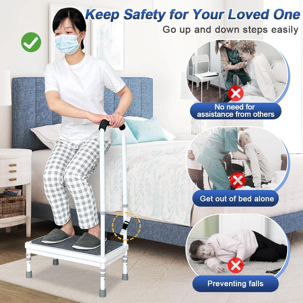 Step Stool with Handle for Elderly, Bathtub Steps Seniors Medical Safety Handicap Foot Stool, Shower Tub Helper Stepping Heavy Duty 400lbs, Adjustable Metal Bath Platform with Handrail Non Slip