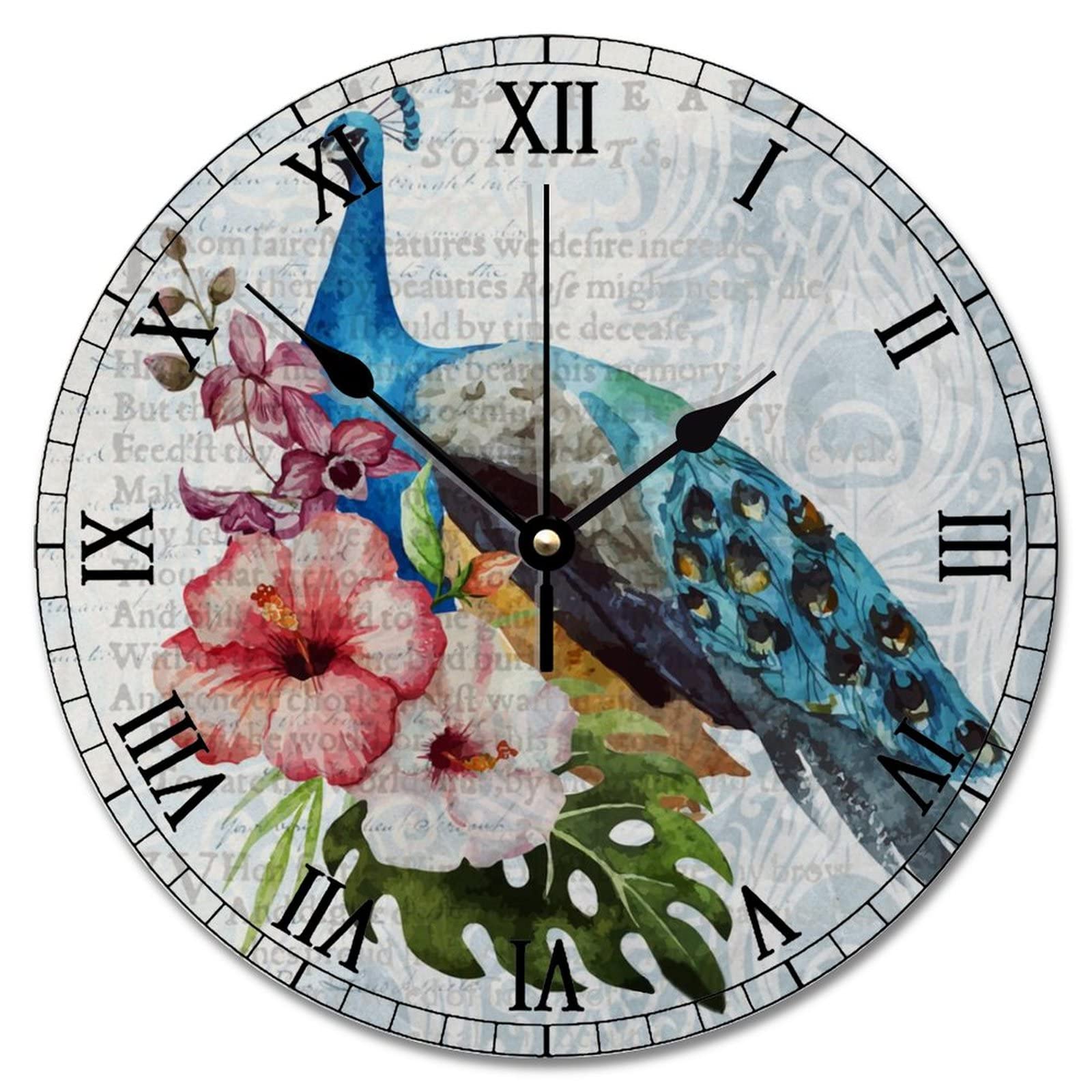 Horloge murale à piles avec paon romantique pour un intérieur vintage et silencieux
