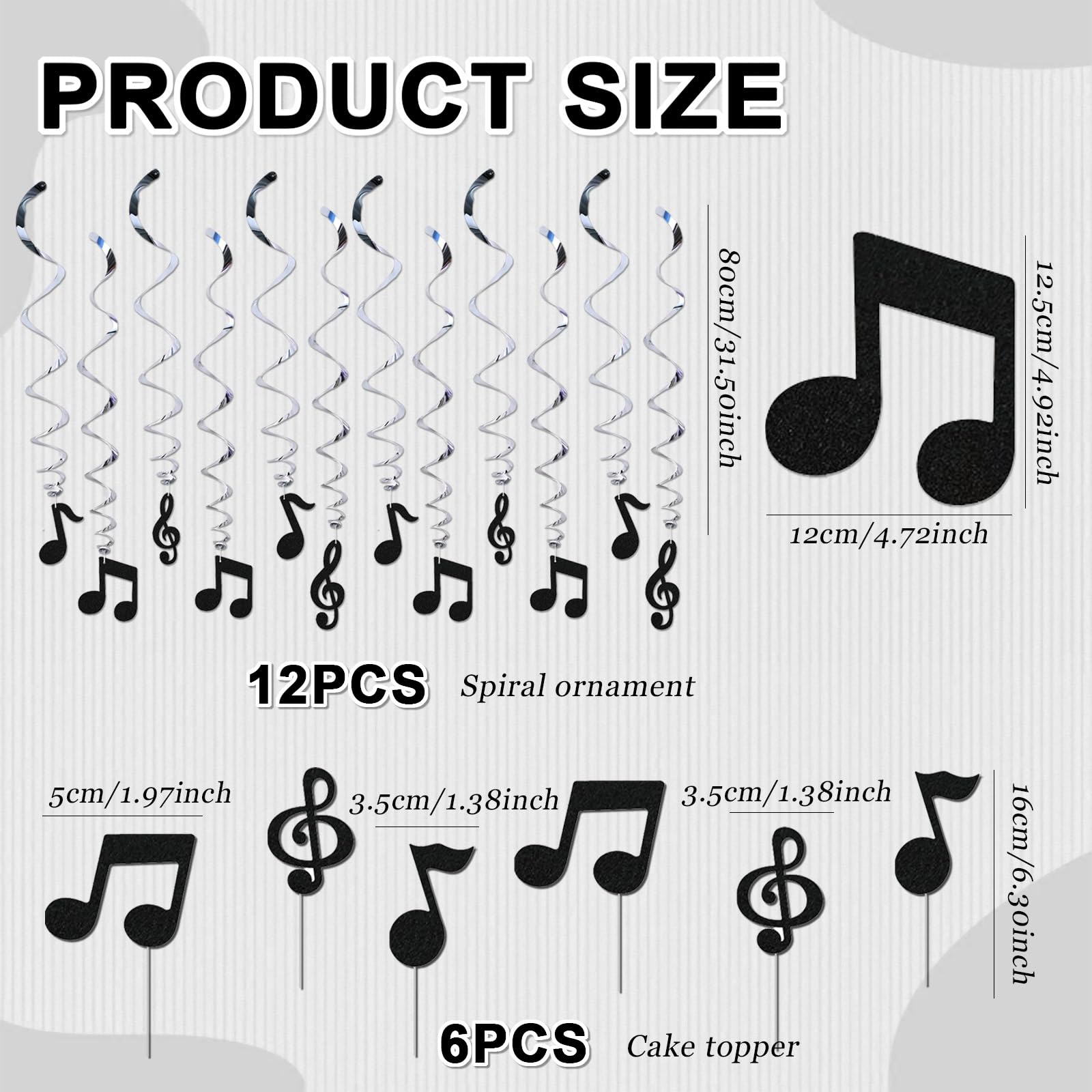 Decorazione Sospesa a Forma di Vortice di Note Musicali - Set di 12 Spirali Argento + 6 Bandierine per Torta, con Frammenti di Partiture Musicali, Lunghezza 90 cm