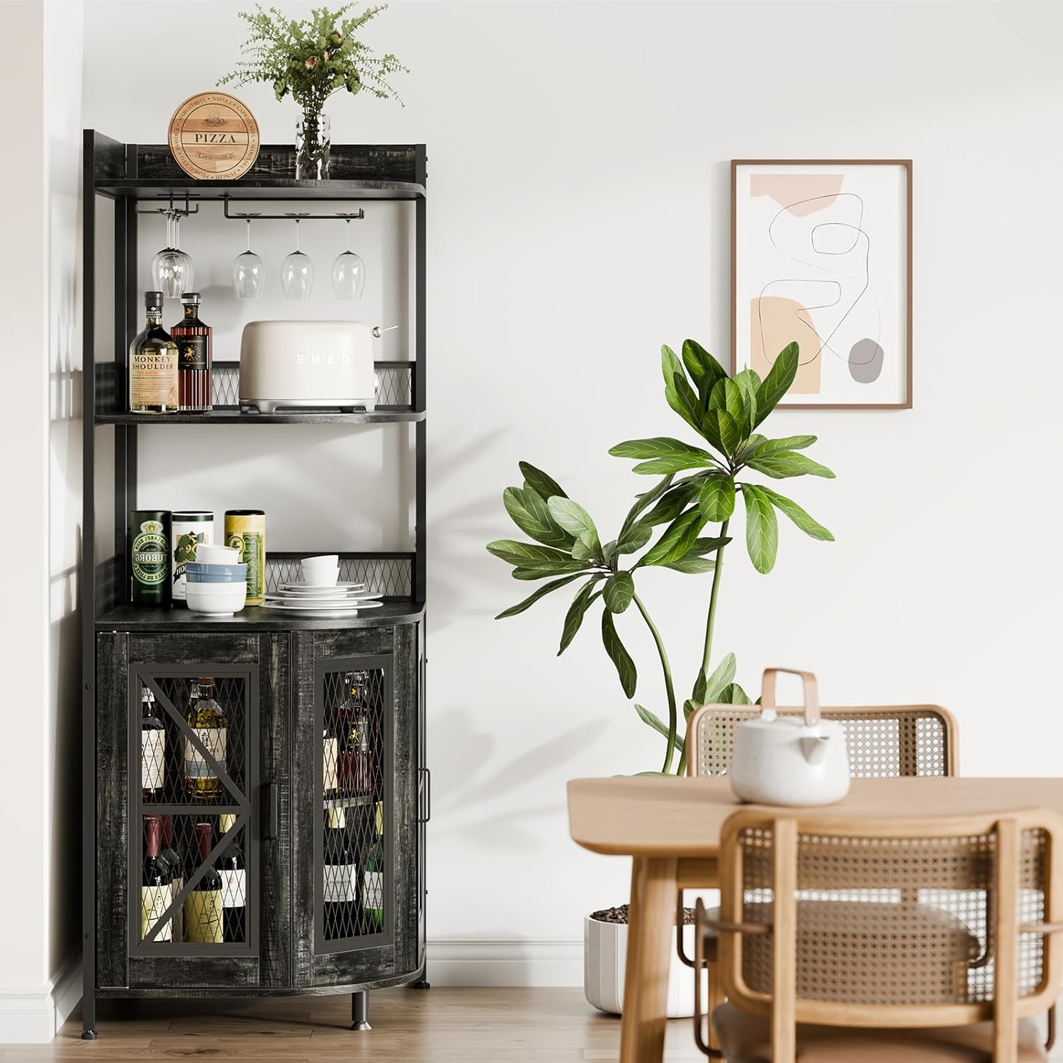 Modern Corner Bar Cabinet with Power Outlet, 5-Tiers Wine Cabinet with LED Light and Glass Holder,64'' Tall Home Liquor Cabinet for Living Room, Corner Display Shelf for Home (Black