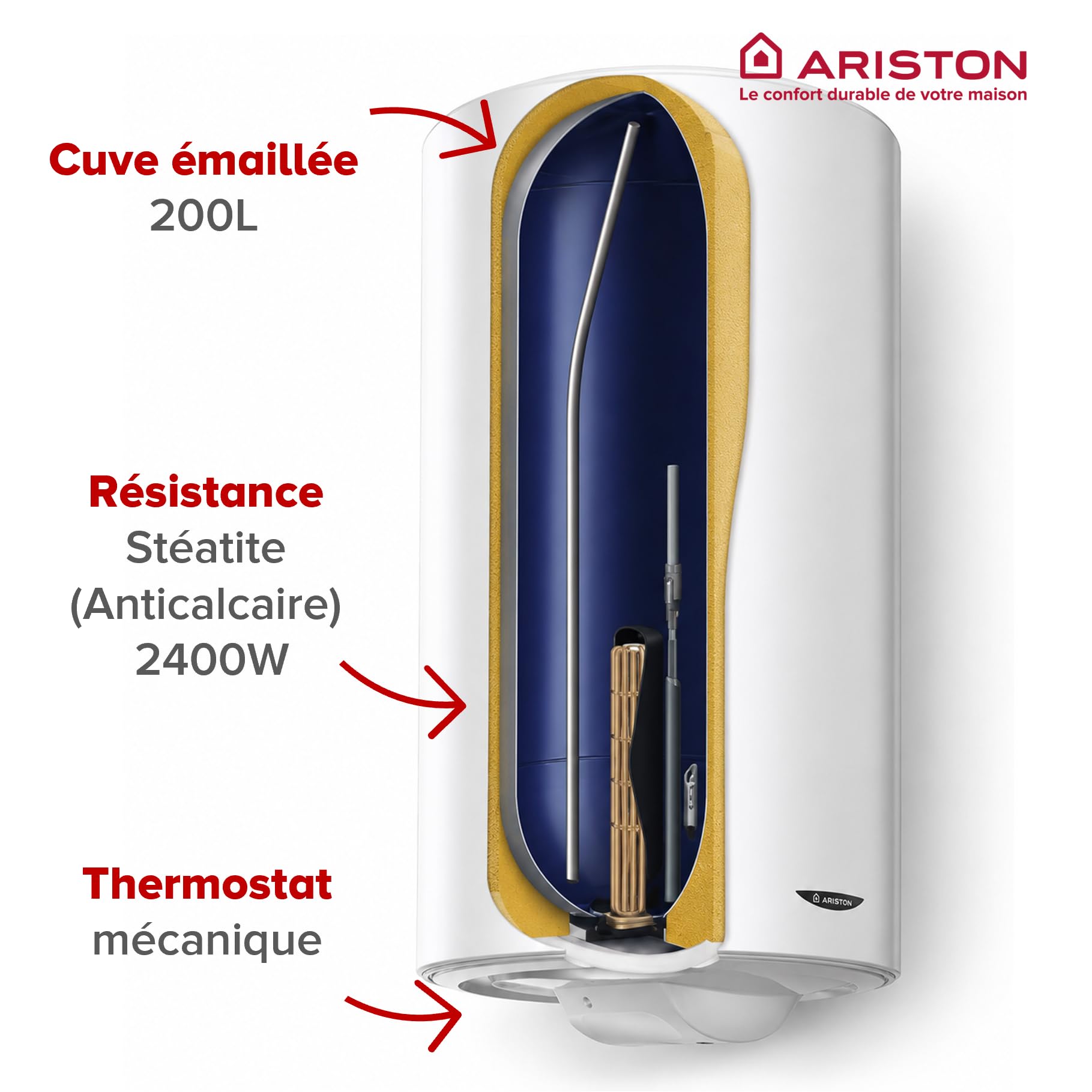 Ariston SAGEO 200 L - Chauffe-eau Électrique Vertical Mural 200L - Ø560mm - Résistance Stéatite Anticalcaire - Installation en eaux dures - NF Performance 2** - Conçu pour être installé en France