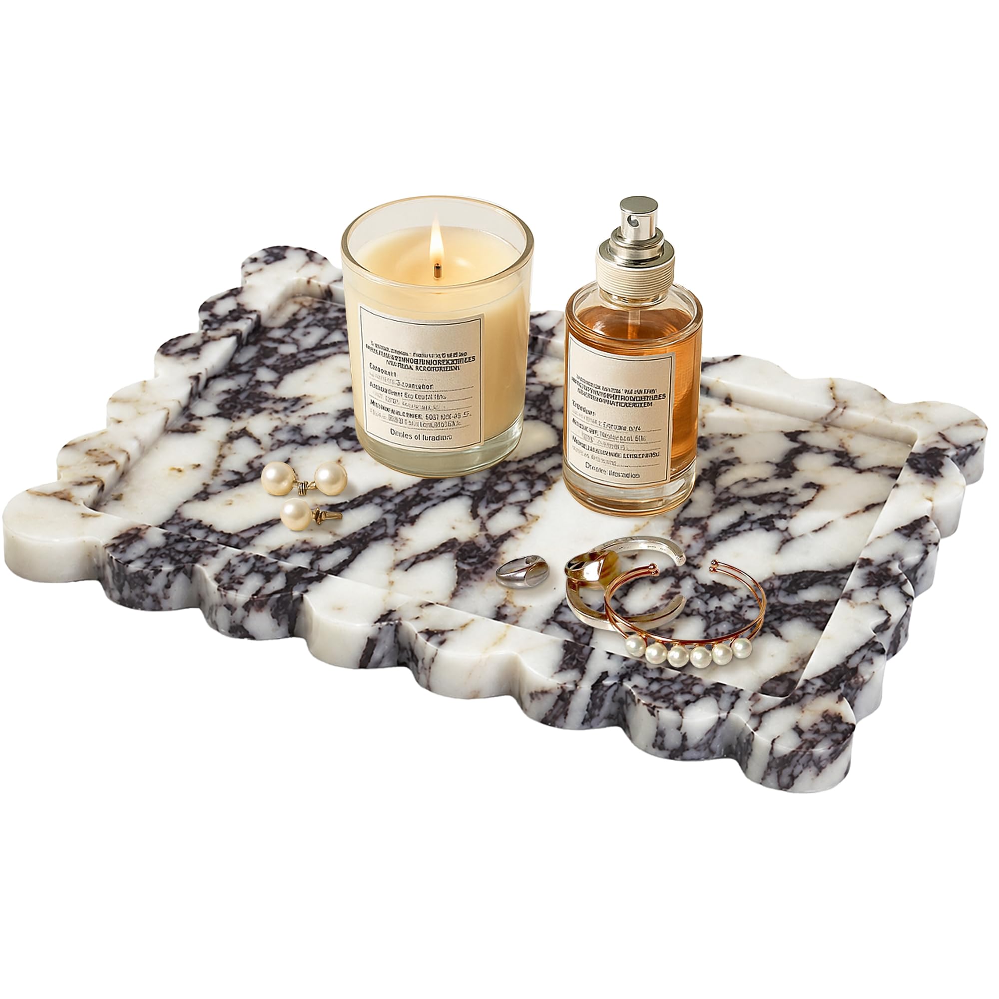 Prolee Scalloped Marble Tray,Marble Vanity Trays for Bathroom 12" x 9", Scalloped Tray,Wave Appearance Jewelry Home Decor Stone Trays for Kitchen Counter, Bathroom,Genuine Calacatta Viola