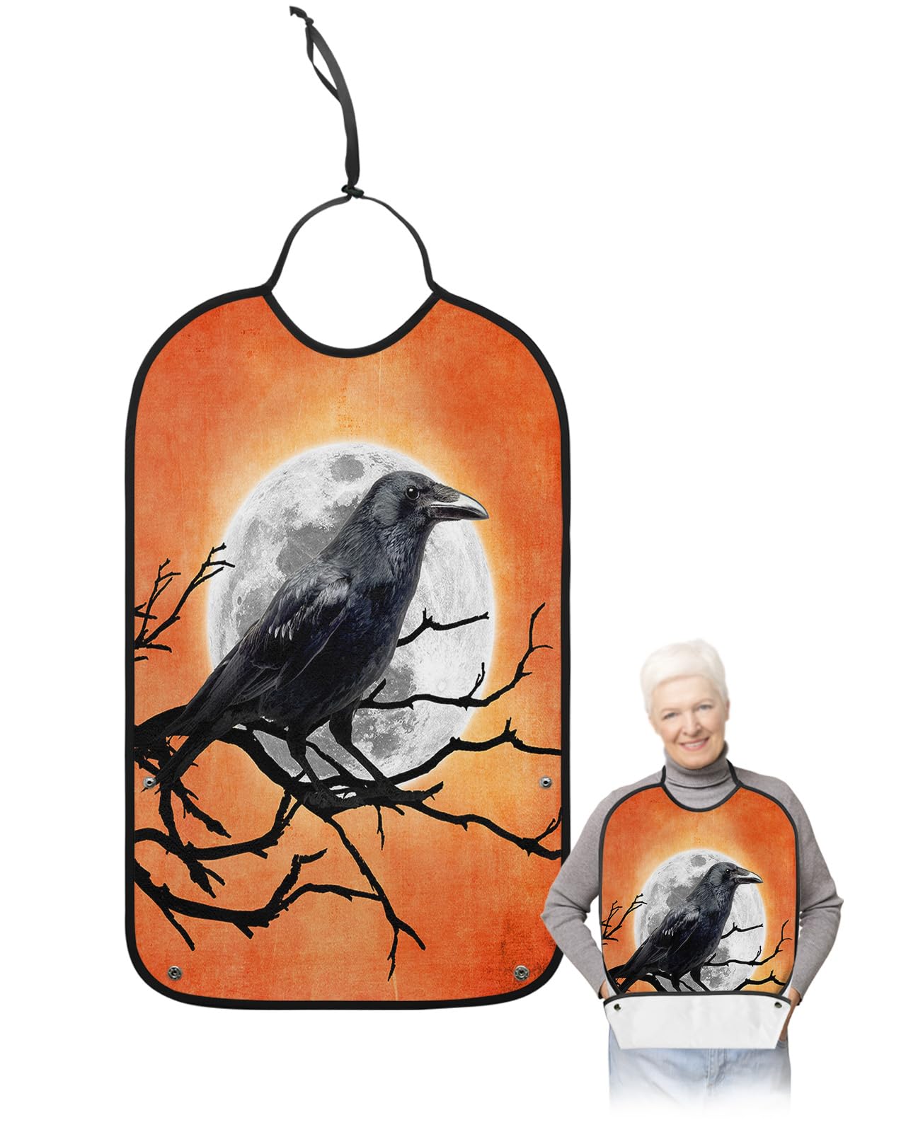 Halloween Adult Bibs for Eating, Waterproof Bibs with Food Catcher & Adjustable Snap Closure, Farmhouse Orange Moon Night Black Crow Washable Clothing Protectors Adult Bibs for Elderly Women/Men