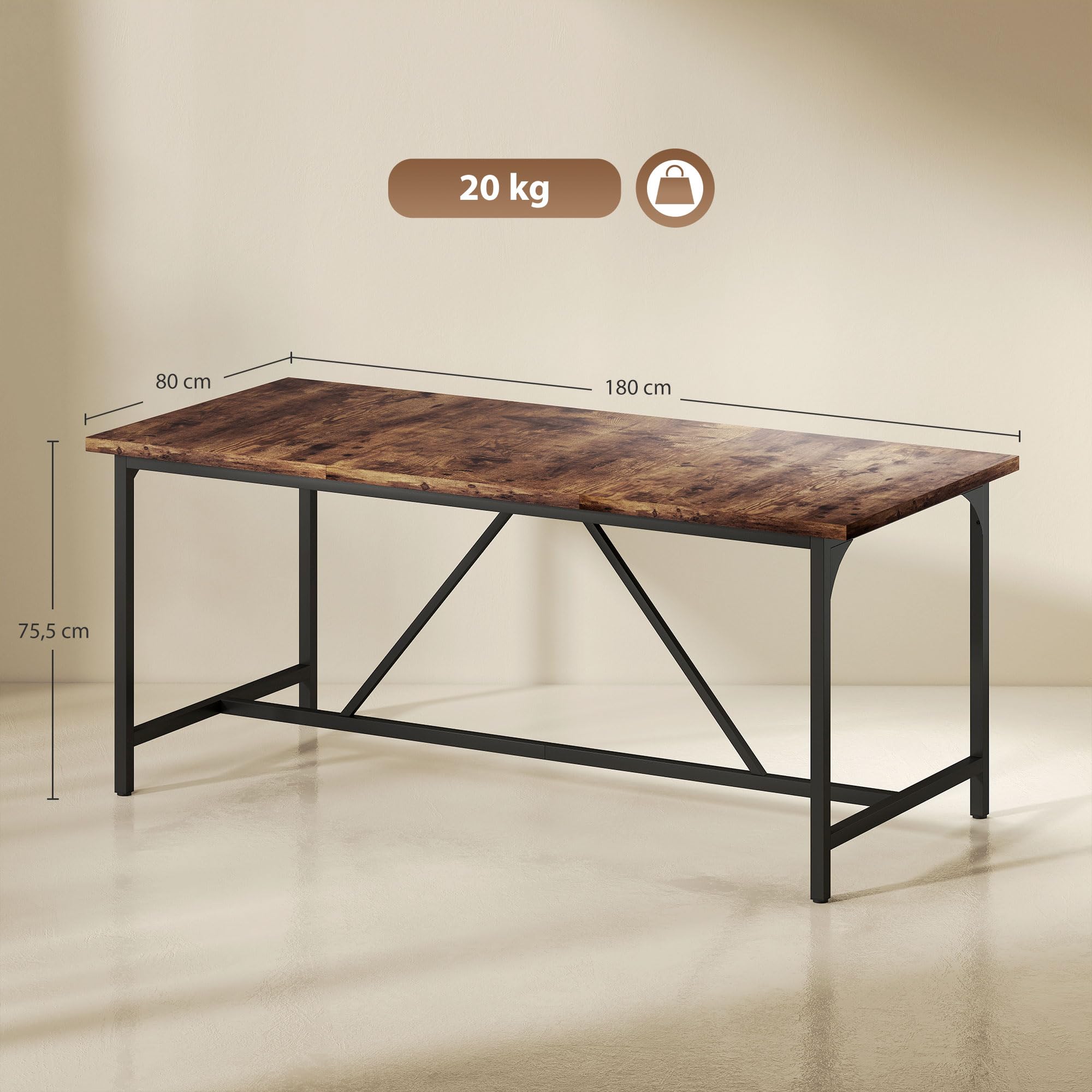 HOMCOM Mesa de Comedor Rectangular 180x80x75,5 cm Marrón Rústico | Para 6-8 Personas, Mesa de Cocina Industrial, Tablero Grueso, Patas de Metal