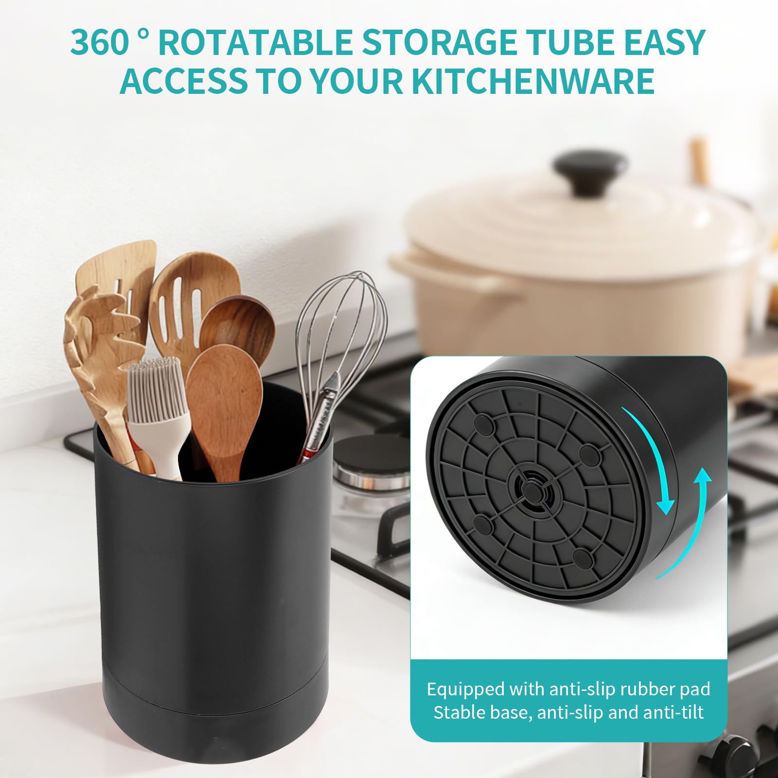 OUKENS Portautensili, lavabile in lavastoviglie, girevole a 360 gradi, semplice cestino per bacchette, contenitore per stoviglie, organizzatore di utensili da banco per cucina domestica (Nero)