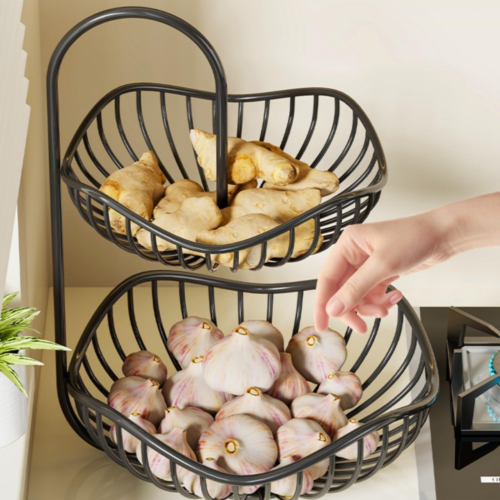 Ciotola per frutta a 2 ripiani, per bancone della cucina, in acciaio inox, con design a doppio strato, supporto per prodotti in metallo antiruggine, per sala da pranzo e bagno, 30 x 20 cm