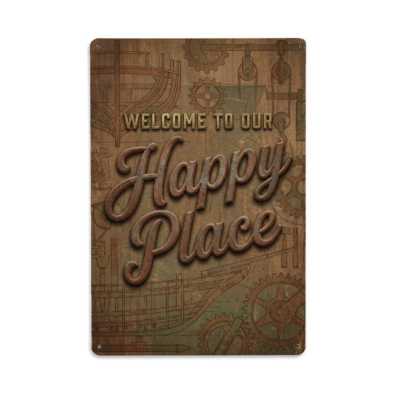 Fqnyr Style Welcome To Our Happy Place Vintage Shipwright Metal Tin Sign Plaque Wall Decor For Cafe, Club Bar, Office, Home Garden Metal Poster 8X12inch