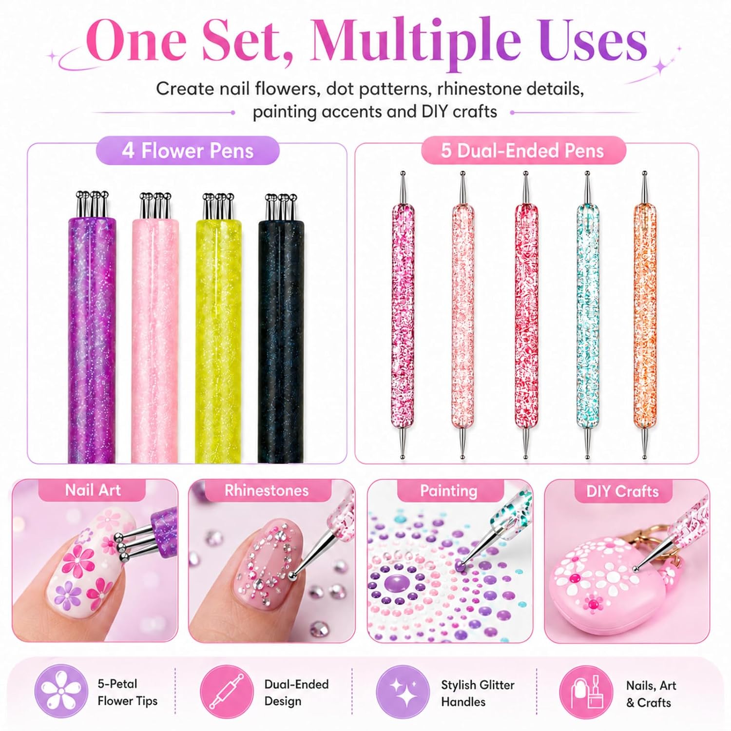 Plman 9PCS Nail Dotting Pen Set for Salon Art Stippling Engraving Rhinestones DIY, 4PCS 5 Petal Flower Nail Art Dotting Tool, 5PCS Double-ended Dotting Tools Nail Art