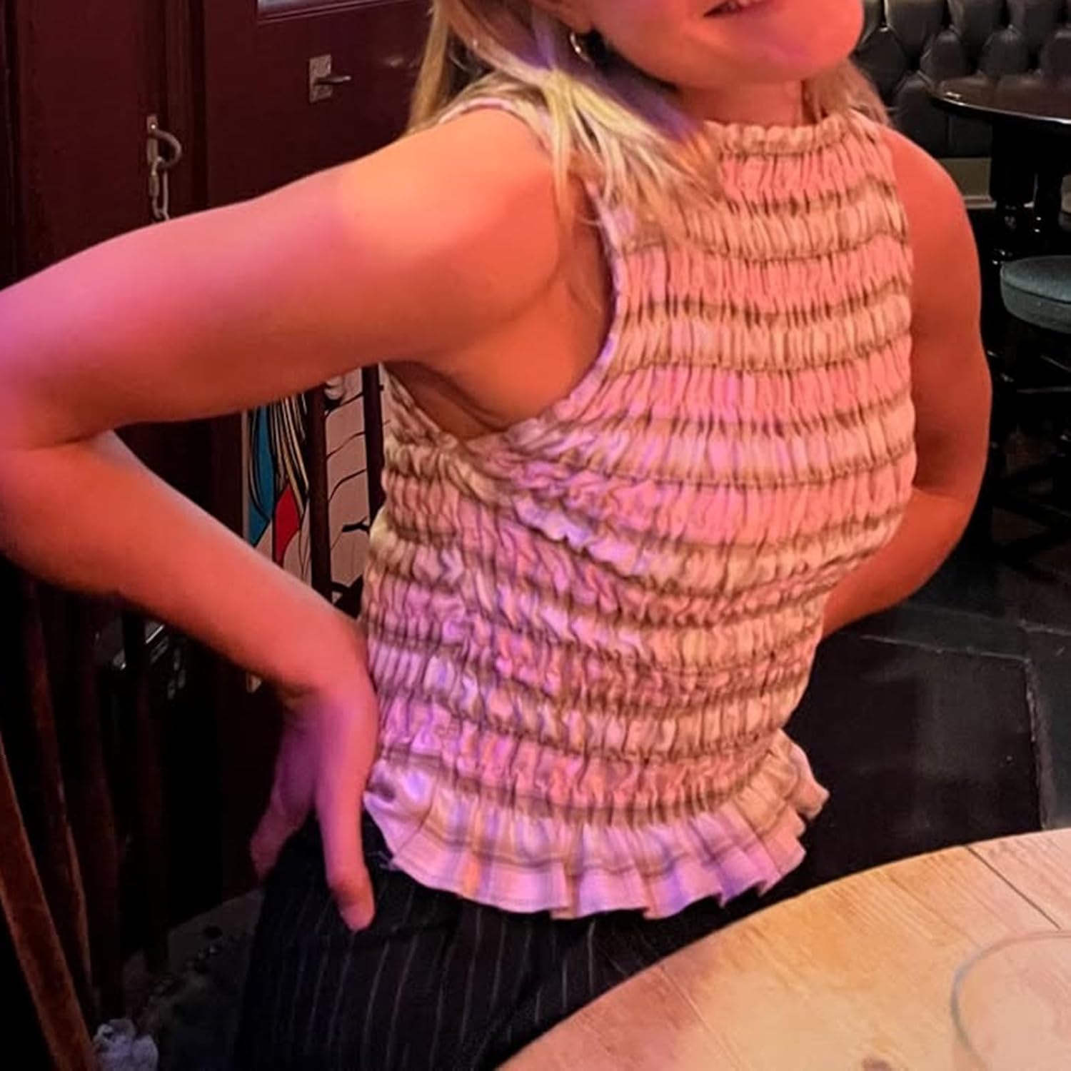 RUEWEY Women Gingham Pajama Set Plaid Sleeveless Smocked Shirred Slim Fit Tank Top Pleated Shorts 2 Piece Lounge Set - Image 3