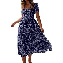 Womens Polka Dot Midi Dress Smocked Waist Tiered Boho Dress Vintage Floral Casual Summer Spring Sundress Resort Wear