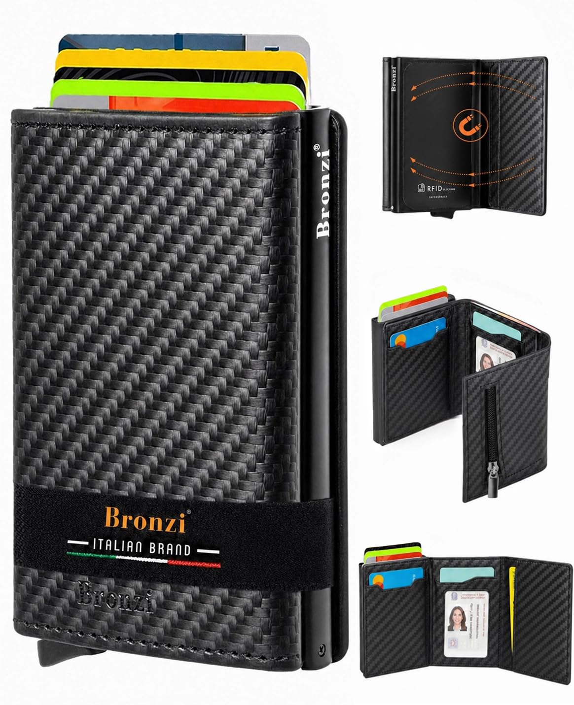 Bronzi® Portafoglio Uomo Slim Piccolo | Portacarte Uomo Donna Portatessere Porta Carte Di Credito | Portafogli Mini Protezione RFID con Portamonete | Box Regalo - Brand Italiano [Aggiornato 2026]