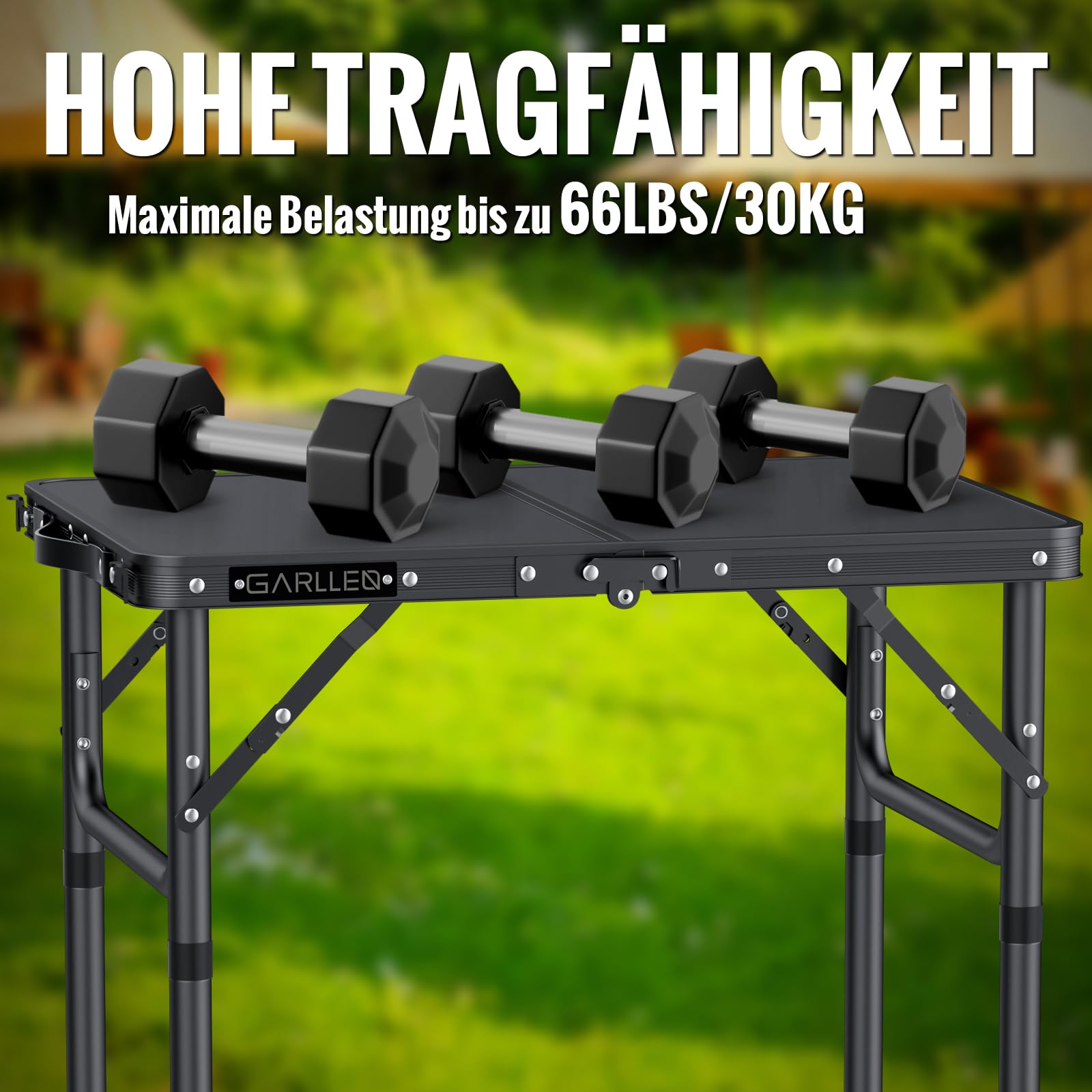 GARLLEN Campingtisch klappbar, 58x40cm & 3 einstellbare Höhen(26/48/70cm), Klapptisch Camping Tisch, Tragbar Beistelltisch Grilltisch Gartentisch Picknicktisch für Camping Picknick Garten (Schwarz)