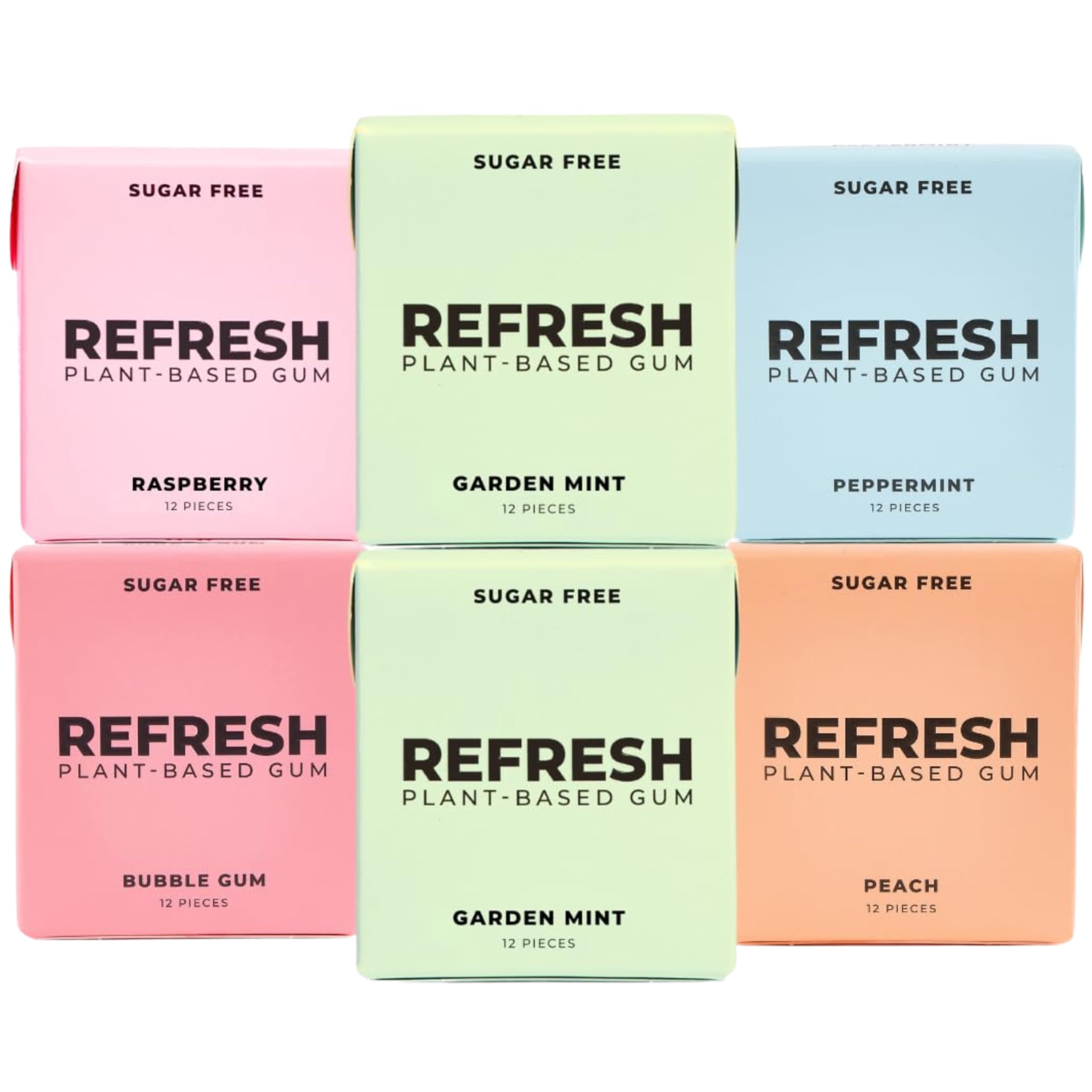 Refresh Gum, Sugar Free, Natural, Xylitol, Long Lasting Chewing Gum, Natural Flavors, Organic Ingredients, Plastic Free, Non GMO, Gluten Free, Vegan (12 Count (Pack of 6), Sampler Pack)