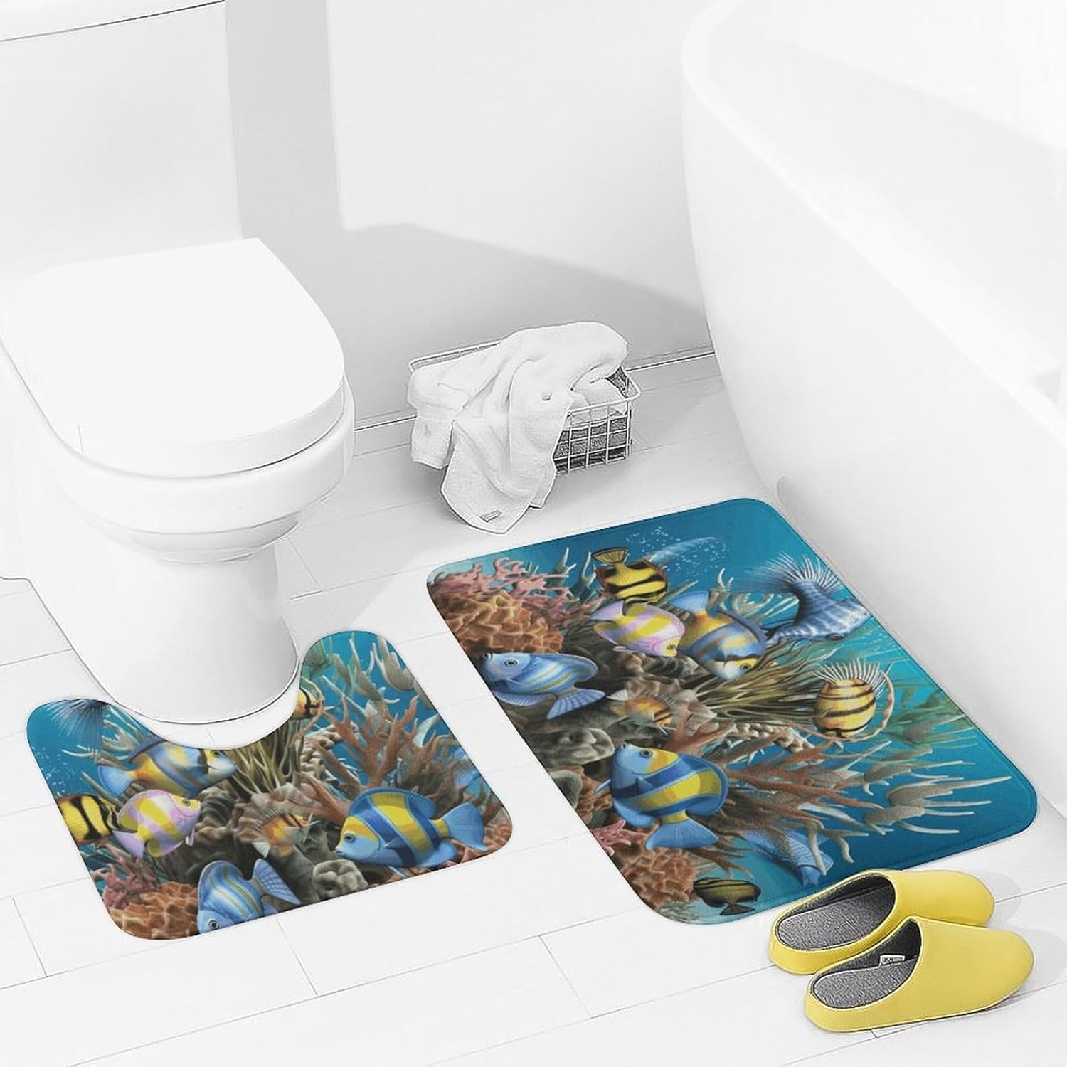 Bathroom Rugs Sets 2 Piece Bath Mat Soft Absorbent Microfiber Bath Rugs and U-Shaped Contour Toilet Rug Non-Slip Bath Carpet 3D Ocean Fish Floor Mats for Bathroom