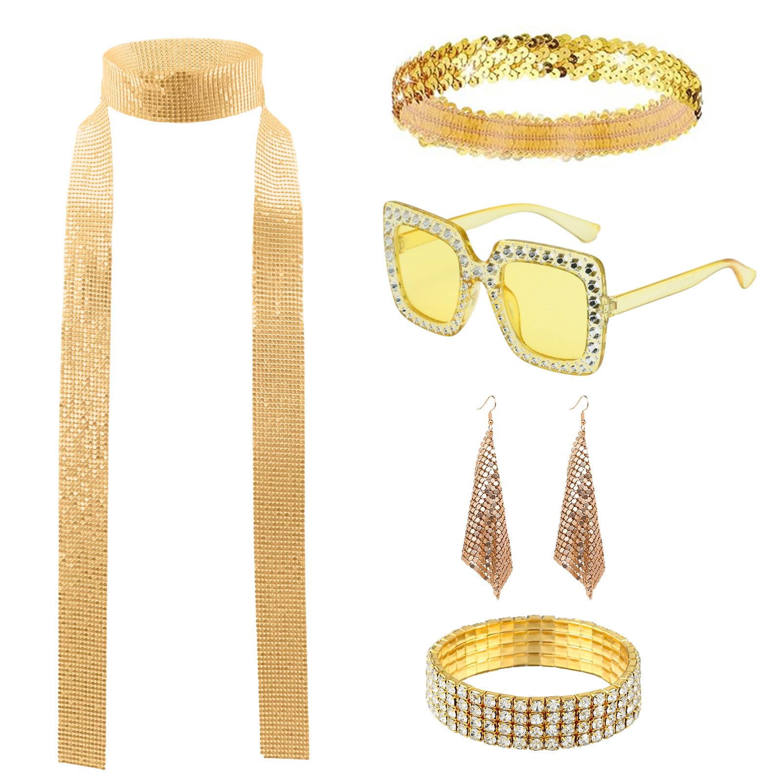 TUONYIS 7 stuks jaren 70 en 80 disco accessoires, disco outfit dames, glitter pailletten sjaal, zonnebril oorbellen, armband hoofdband en ring, voor carnaval, kostuum, feest (goud