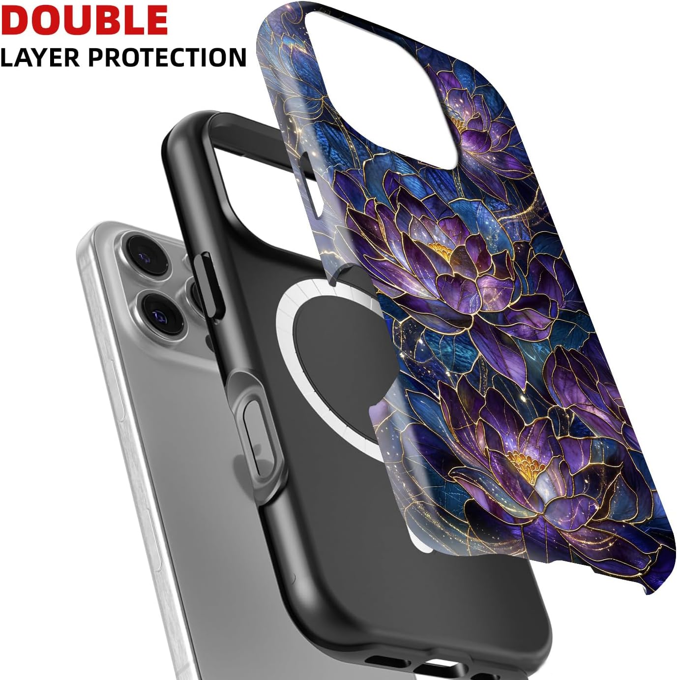 Magnetic for iPhone 13 Pro Case Cute - Wireless Charging Compatible - Dual-Layer Hard Shell + Silicone Cover - Aesthetic Protective Phone Case for Women-Purple Lotus Floral image 3