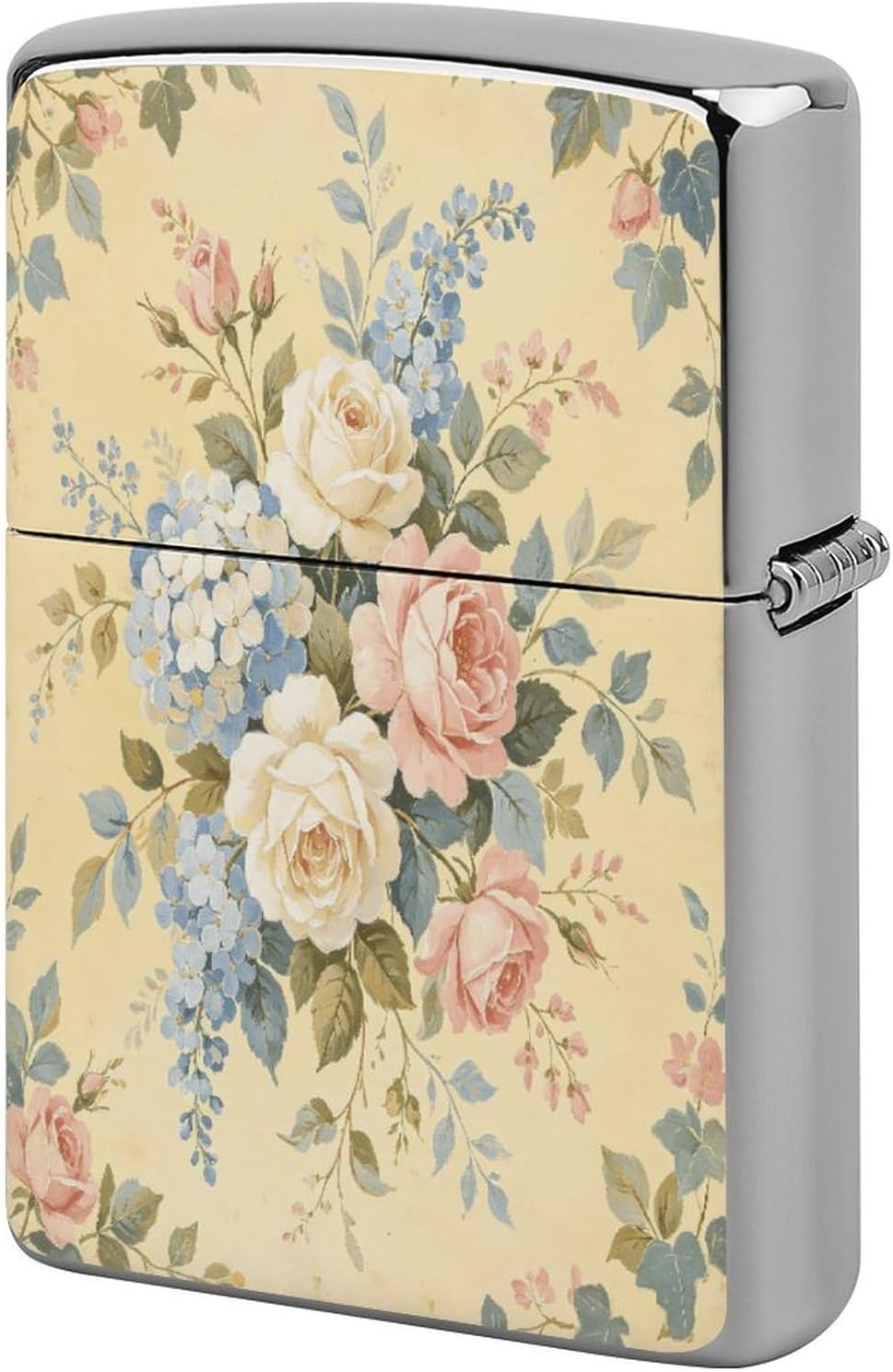 Blue Pink Flower Motif Printed Premium Copper Lighter Case, Double-Sided Artistic Protective Cover, Lightweight Metal Lighter Shell for Men, Desktop Accessory Decor