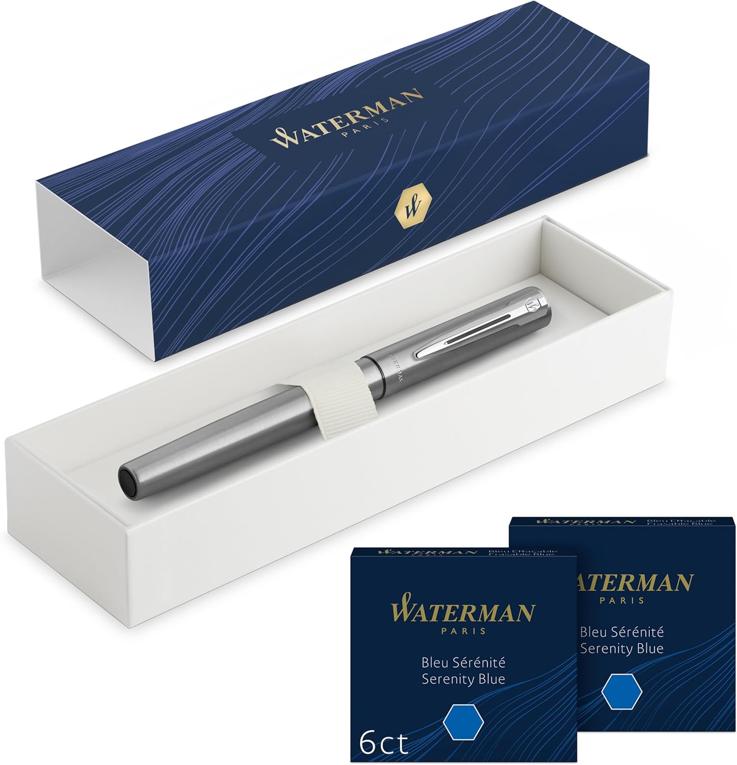 Waterman Allure Fountain Pen | Chrome | Fine Nib | with 12 Short Blue Ink Cartridges | Gift Box Waterman Allure Fountain Pen | Chrome | Fine Nib | with 12 Short Blue Ink Cartridges | Gift Box