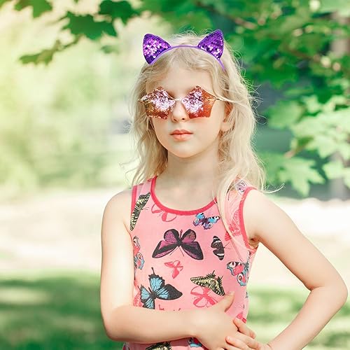 Miniatura 5 de Dohia Diadema reversible con orejas de gato con lentejuelas y aro de metal, accesorios para el cabello para mujeres y niñas, morado, banda para el