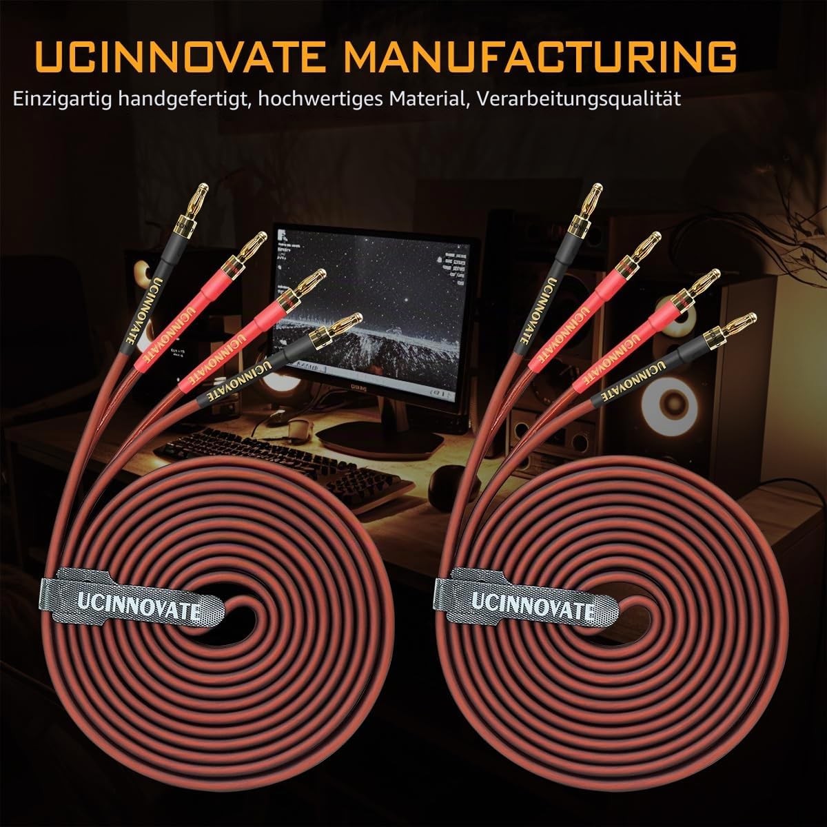 UCINNOVATE Lautsprecherkabel Mit Bananensteckern, 2 Stück, 3 M, 14 Gauge, Vergoldete Anschlüsse für Heimkino, HiFi- und Heim-Audio, OFC-Kabel für Amp
