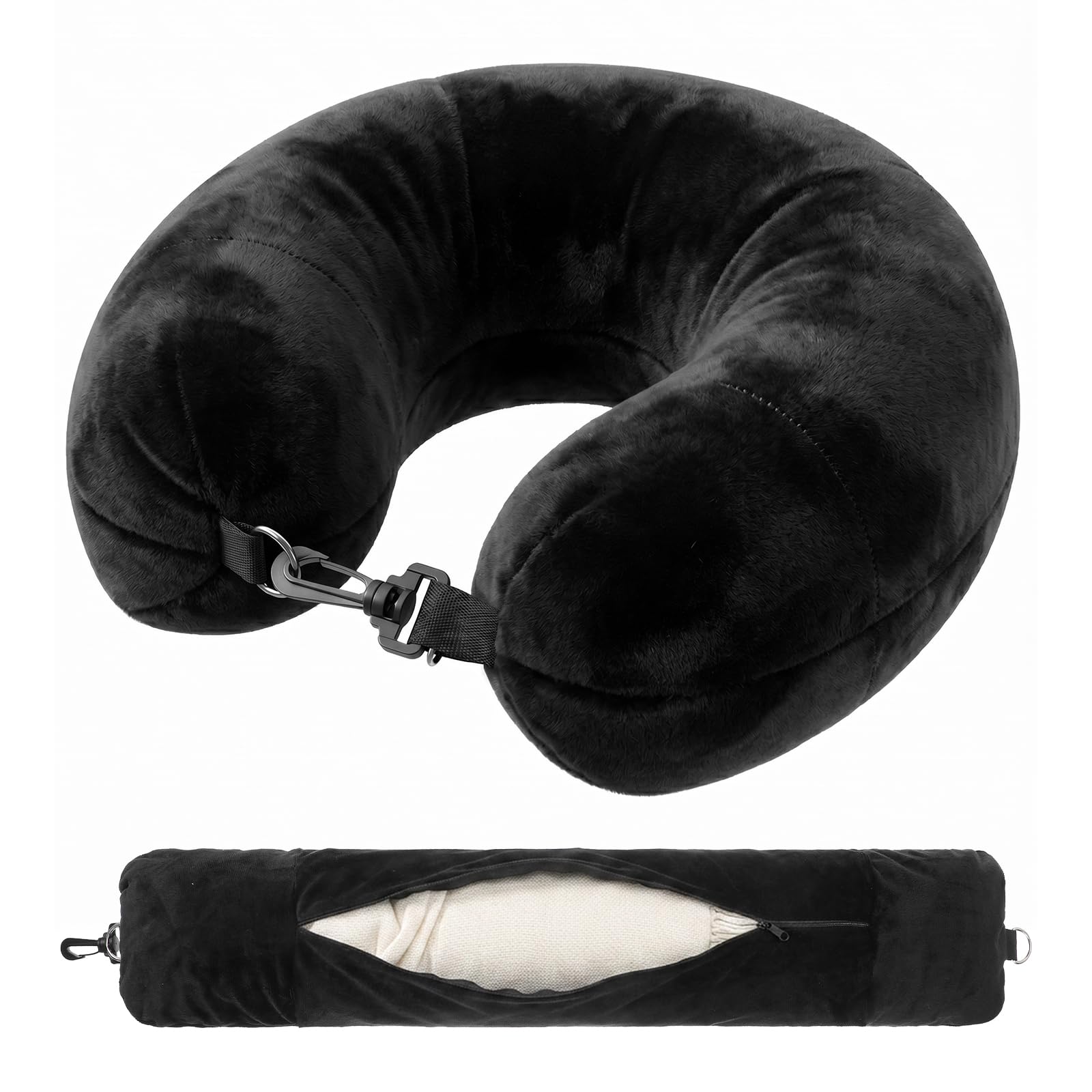 Poduszka pod kark, wypełniona, 70 x 19 cm, przenośna poduszka podróżna do wypełniania ubraniem, podróżna, poduszka pod kark, do samolotu i samochodu, zrównoważony dodatek podróżny, kolor czarny