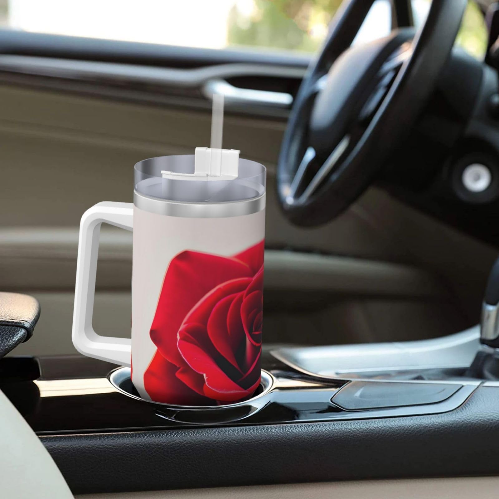 A Red Rose 1 Wasserflasche aus Edelstahl, doppelwandig, isoliert, mit Griff und Strohhalm-Deckel, 1,2 l