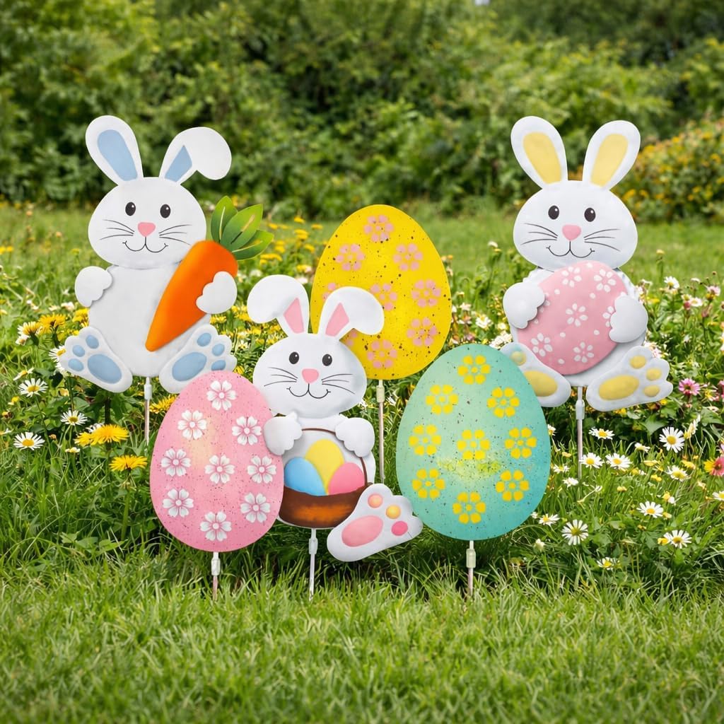 Easter Garden Stakes Outdoor Decorations, 3D Sculptures, Metal Bunny & Egg Yard Art Set of 6, Durable Weather-Resistant Design, Spring Lawn Decorations for Yard Patio Porch,Rabbit Easter Outdoor Decor