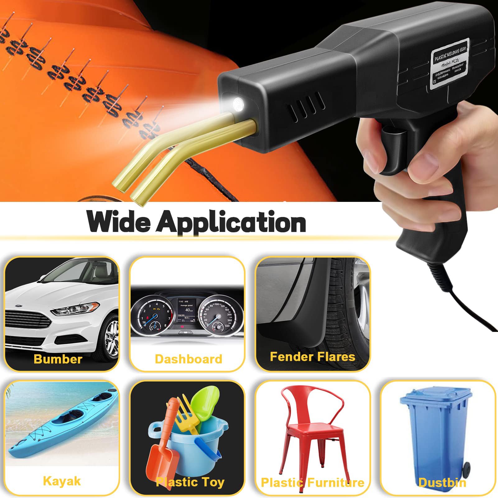 220W Saldatore per Plastica 2 in 1 Saldatrice Plastica, Pistola Saldatura Plastica con 800pcs 6 Tipo Graffette,40pcs Bacchette, 2Pcs Strumento di Levigatura,Kit Riparazione Paraurti Auto(nero)