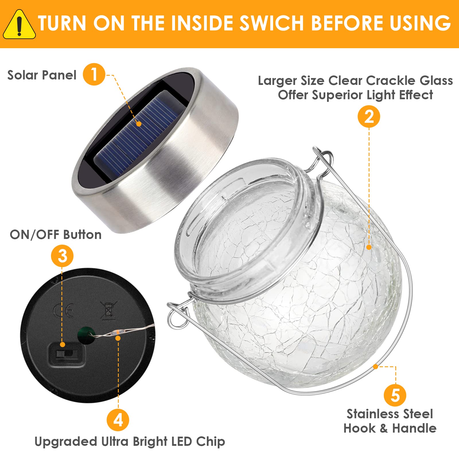 Confezione da 8 luci a LED a forma di sfera in vetro incrinato, a energia solare, impermeabili, con manico per patio, albero, vacanze, luci solari da giardino per esterni, decorazione (bianco caldo)