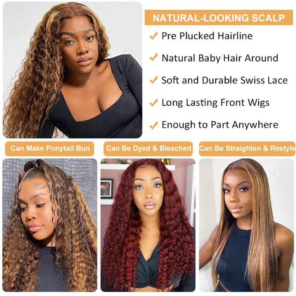 Ladoux P4/27 Highlight Ombre Lace Front Curly Wigs Human Hair 13x4 Hd Transparent Deep Wave Human Hair Wig For Women Glueless 180% Density Pre Plucked 28Inch
