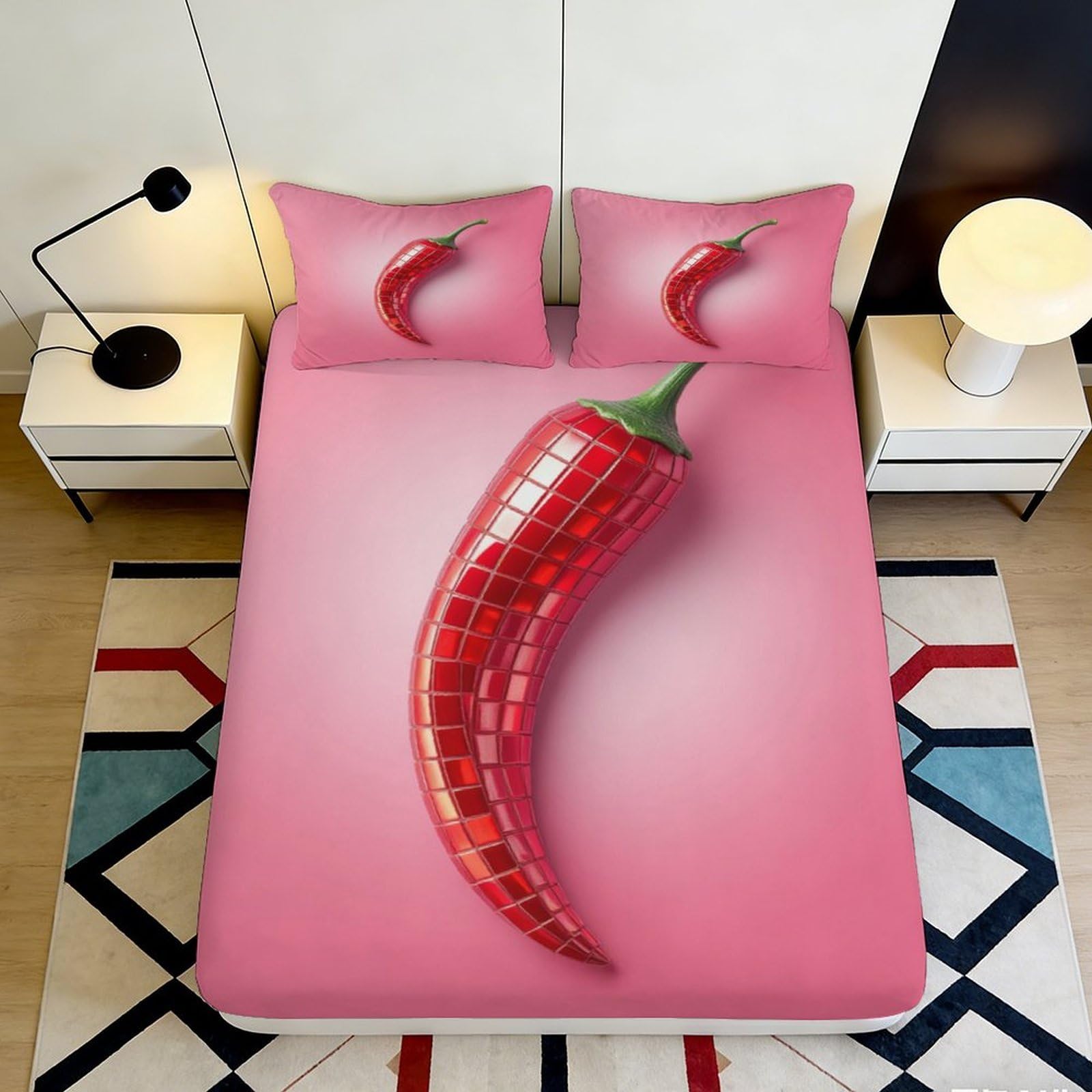 3D Printed Red Chili Art Fitted Sheet Microfiber Decorative Pink Pepper Mattress Cover Bedroom Dorm Protector 90x200x25cm