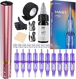 Mast Tattoo Gun Kit Tour Fly Slim Wireless Tattoo Pen Machine | 10 Count Pro Needles Cartridges, Black Tattoo Ink, Complete Accessory Set for Artists