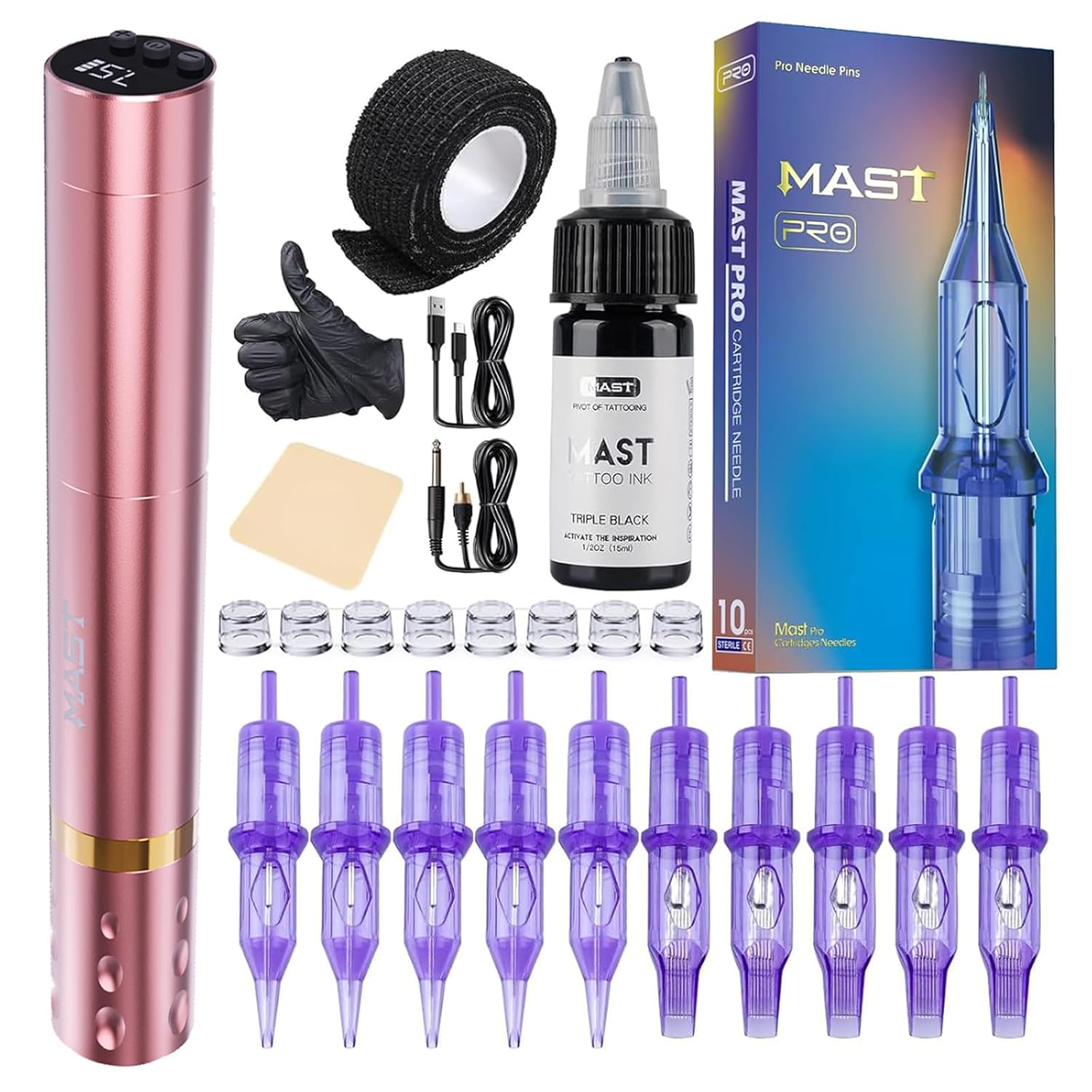 Mast Tattoo Gun Kit, Tour Fly Slim Wireless Tattoo Pen Machine, 10 Count Pro Needles Cartridges, Black Tattoo Ink